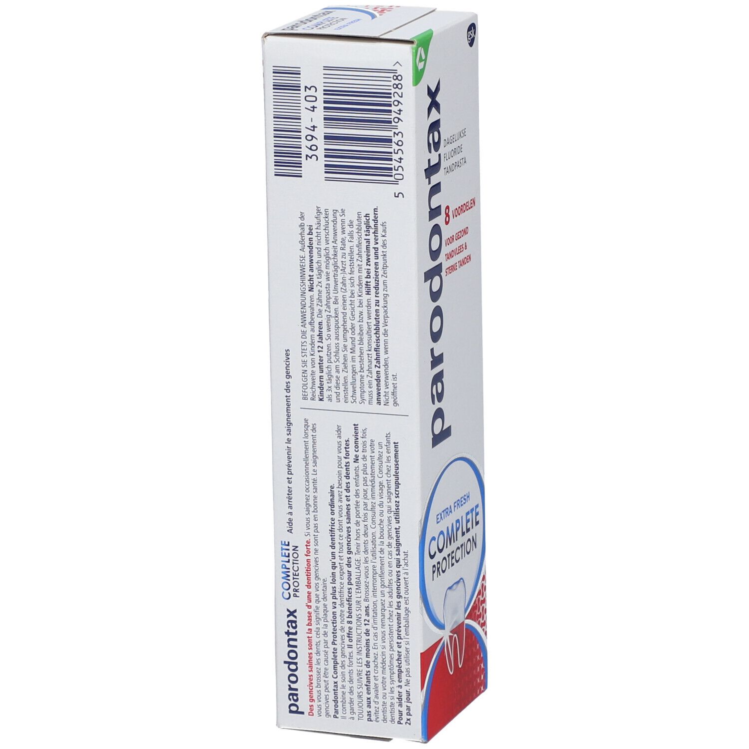Achterkant tandpastadoos parodontax Complete Protection. Meertalige tekst. Barcode.