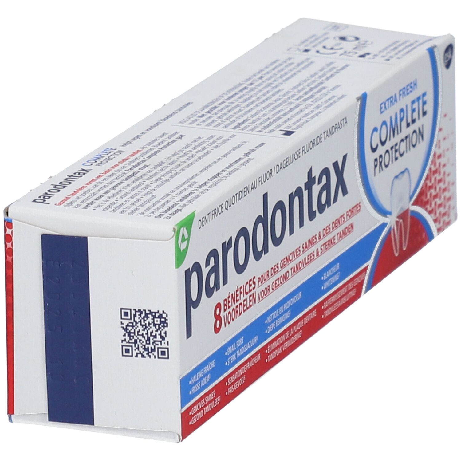 Tandpastadoos parodontax, extra fris, Complete Protection. Wit, blauw, rood. QR-code.