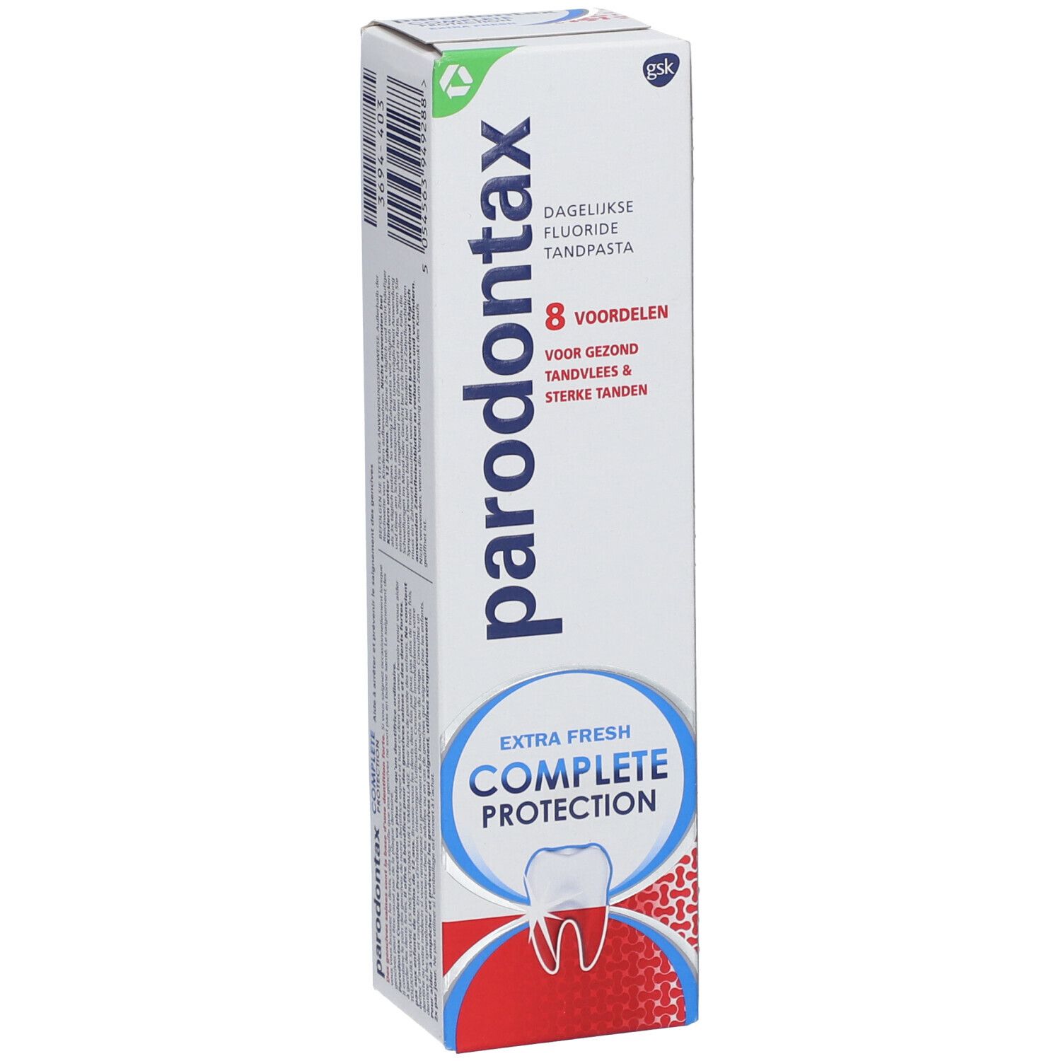 Tandpastadoos parodontax, extra fris, Complete Protection. Wit, blauw, rood. Tand- en tandvleessymbool.