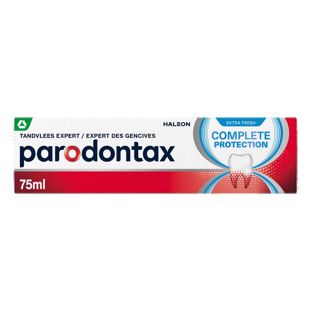 Tube de dentifrice parodontax Extra Fresh, 75ml. Blanc, bleu, rouge. Symbole dent et gencive.