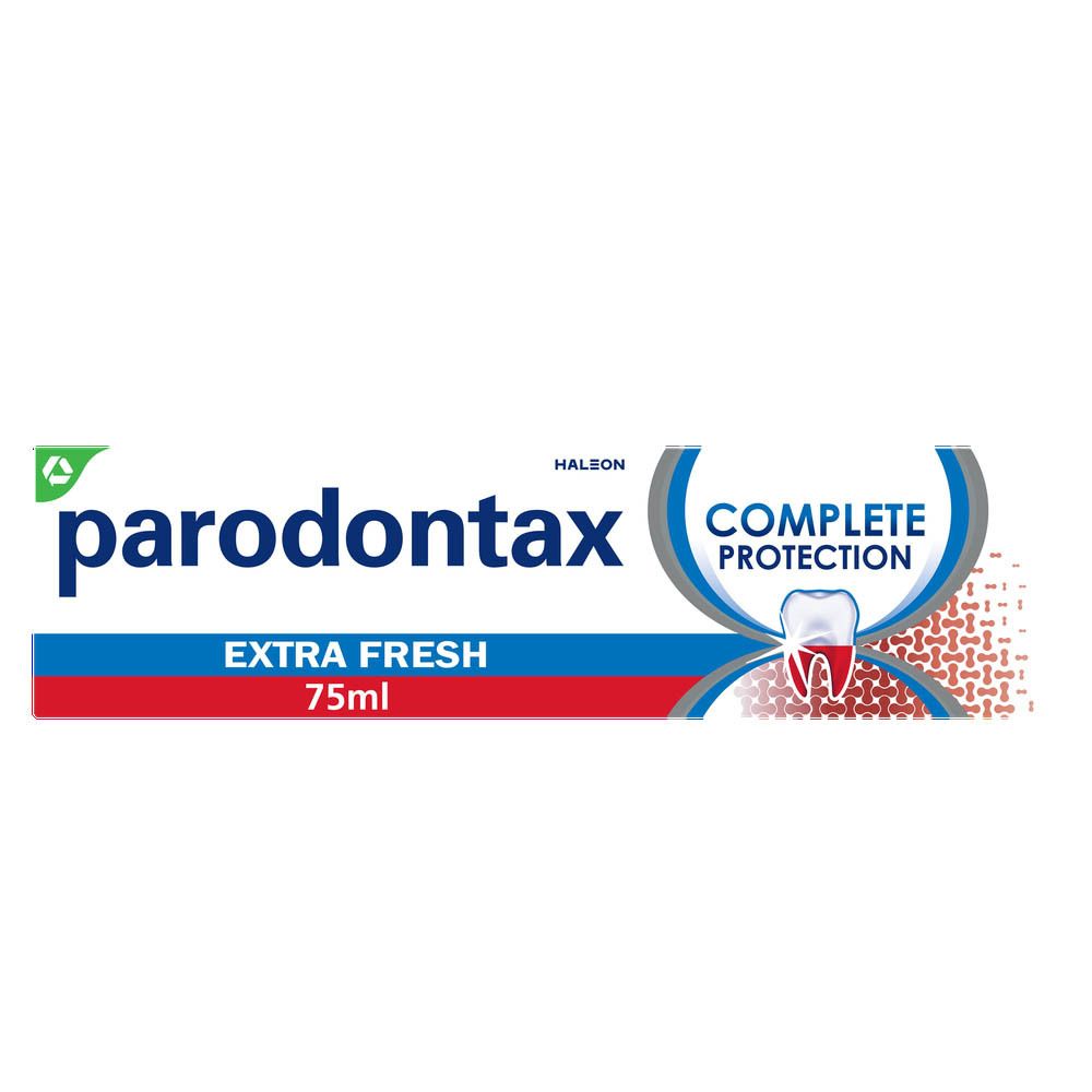 Tandpastatube parodontax, extra fris, 75ml. Wit, blauw, rood. Productnaam en logo.