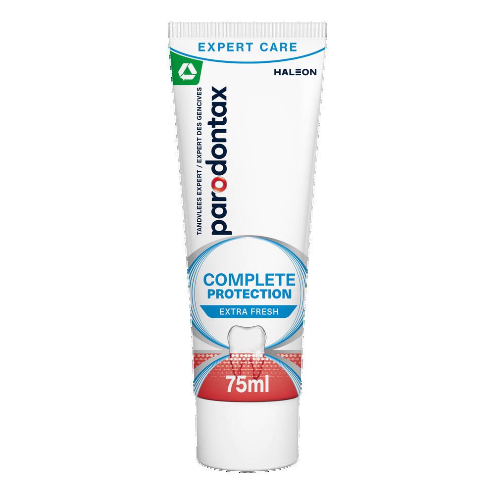 Tube de dentifrice parodontax Extra Fresh, 75ml. Blanc, bleu, rouge. Symbole dent et gencive.
