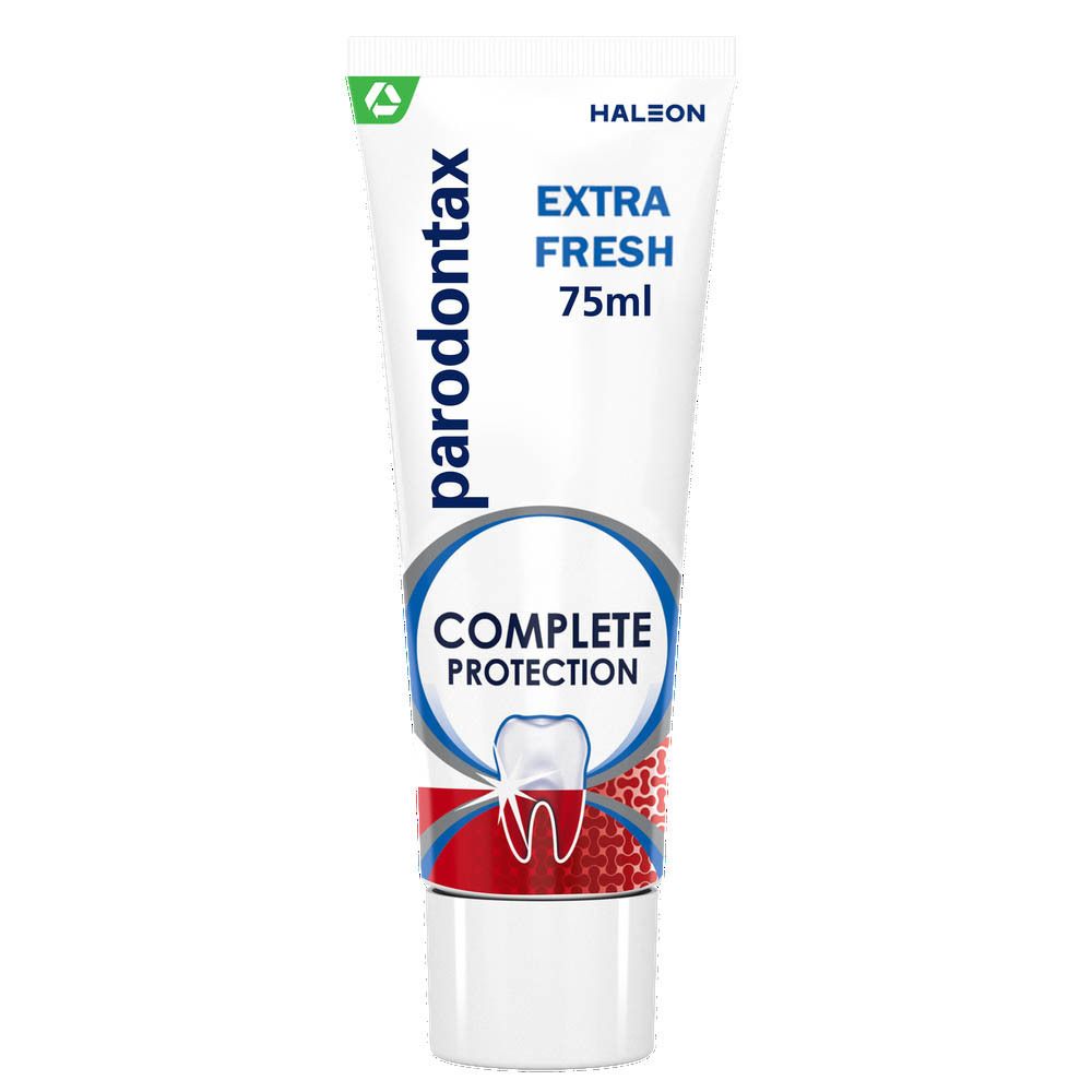 Tandpastatube parodontax, extra fris, 75ml. Wit, blauw, rood. Productnaam en logo.