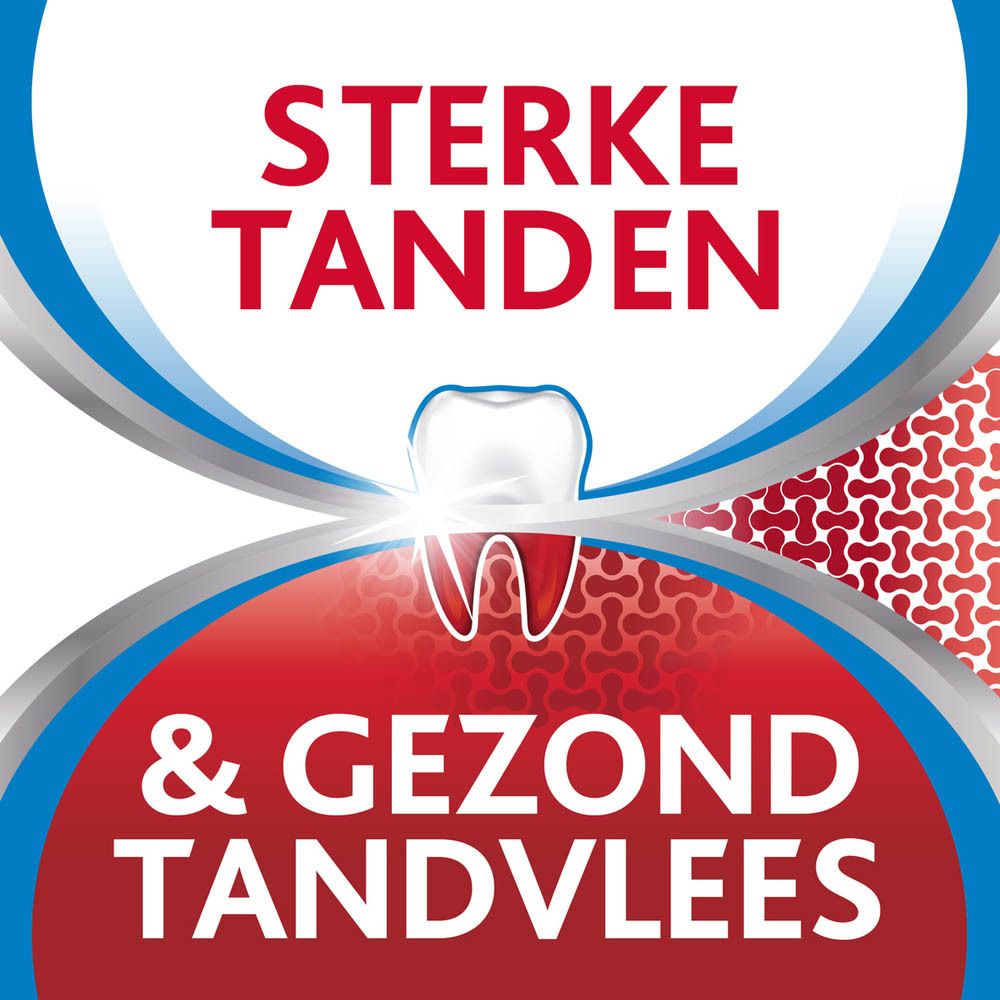Tekst met de woorden 'Sterke tanden & Gezond tandvlees' in rood en blauw.