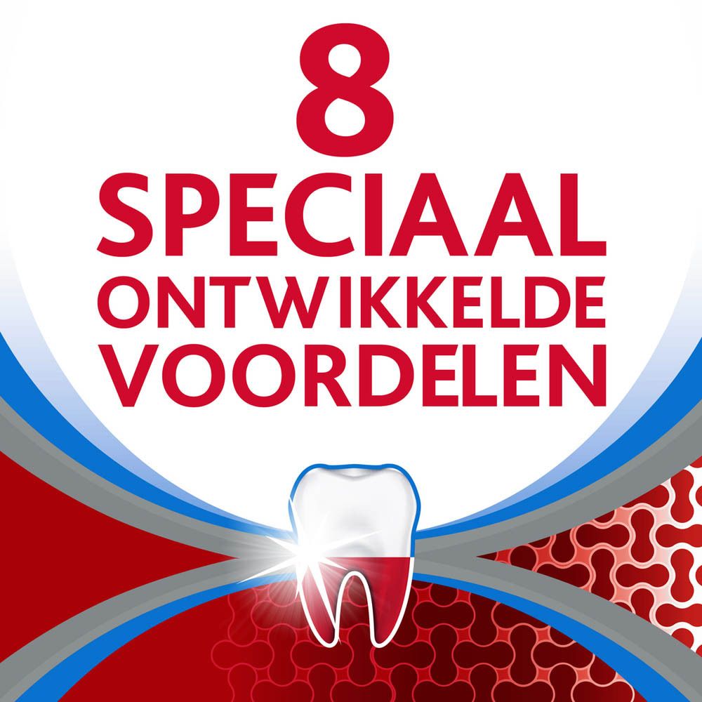 Tekst met de woorden '8 Speciaal ontwikkelde voordelen' in rood en blauw.
