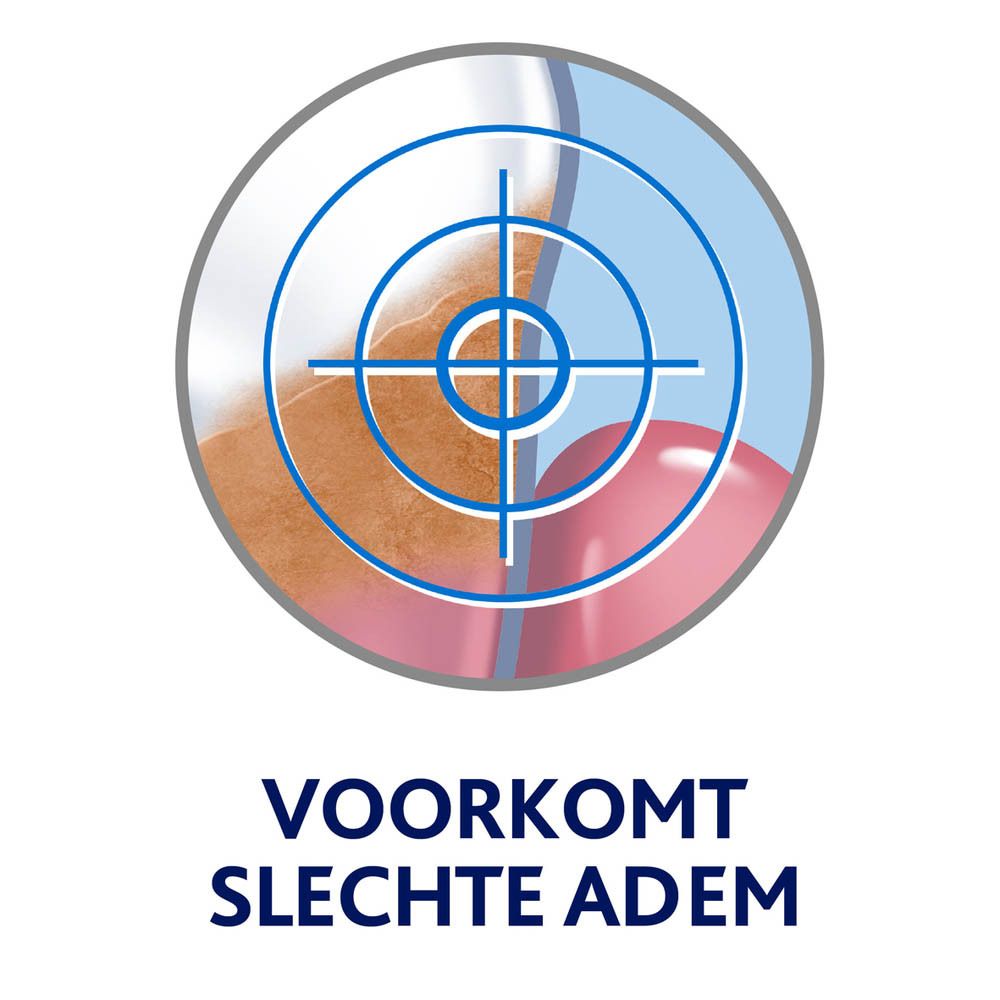 Cirkelvormige weergave die slechte adem voorkomt. Tekst: Voorkomt slechte adem.