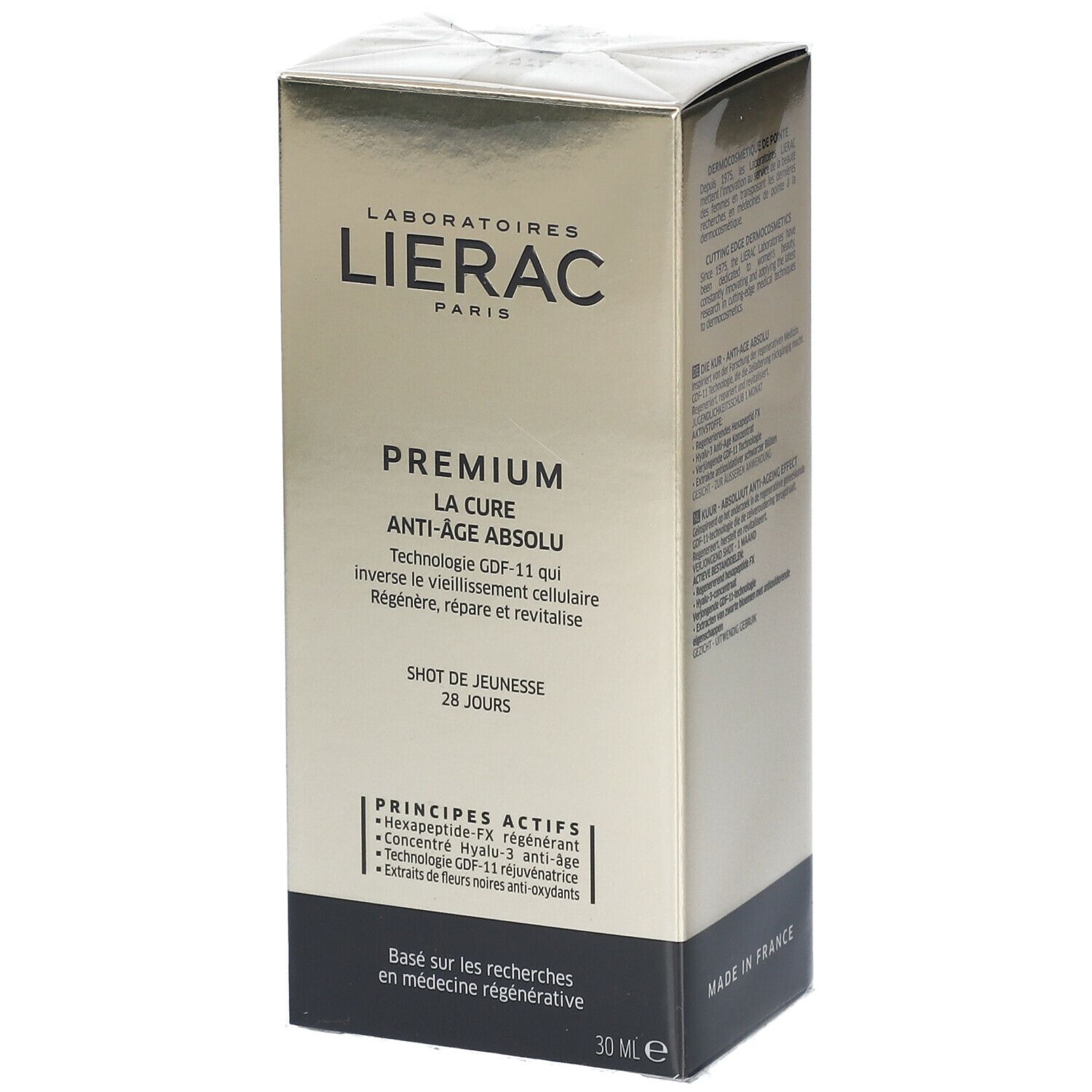 Karton mit LIERAC-Logo. Produktname: PREMIUM LA CURE ANTI-AGE ABSOLU. Text: SHOT DE JEUNESSE 28 JOURS.