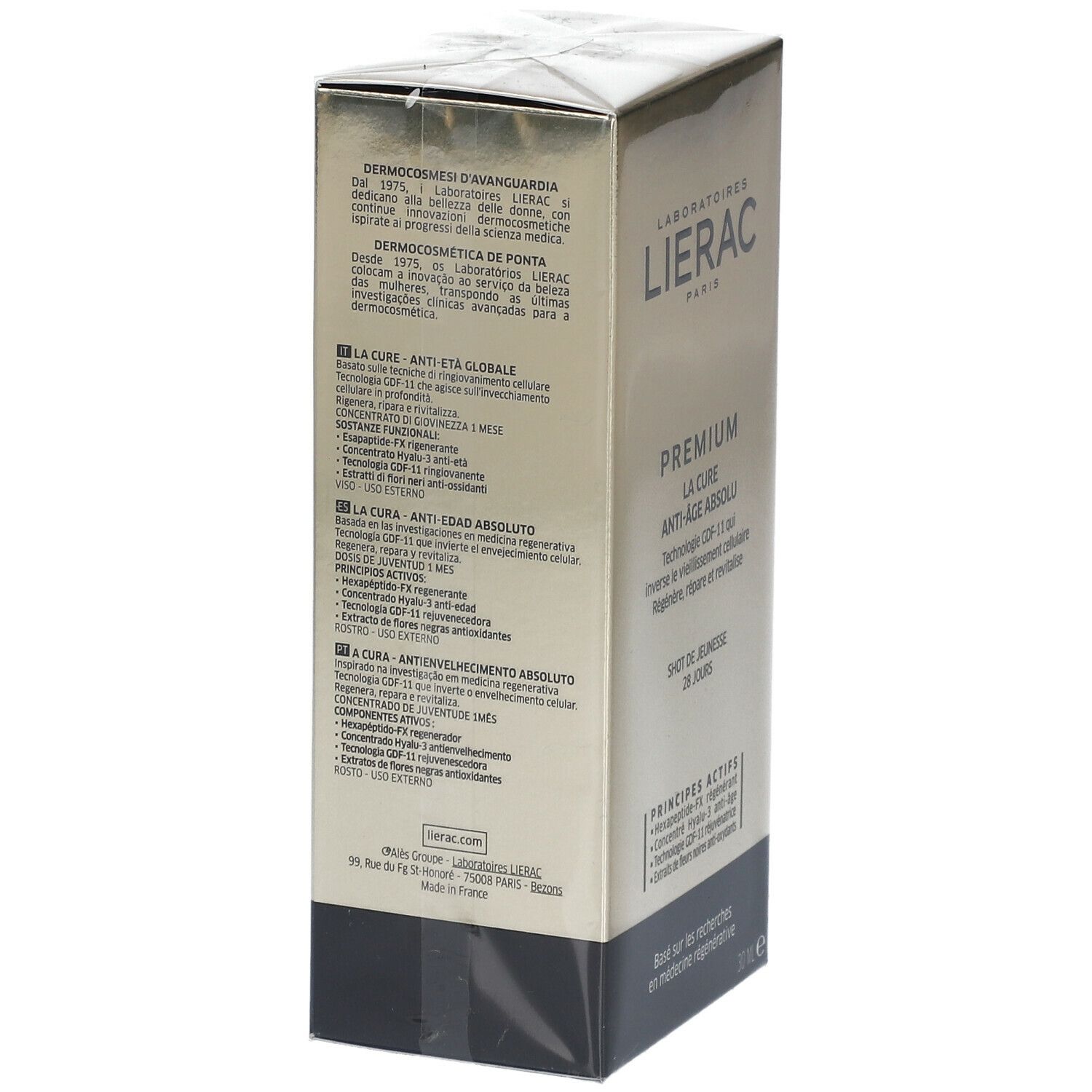 Karton mit LIERAC-Logo. Produktname: PREMIUM LA CURE ANTI-AGE ABSOLU. Text in mehreren Sprachen, darunter Deutsch.