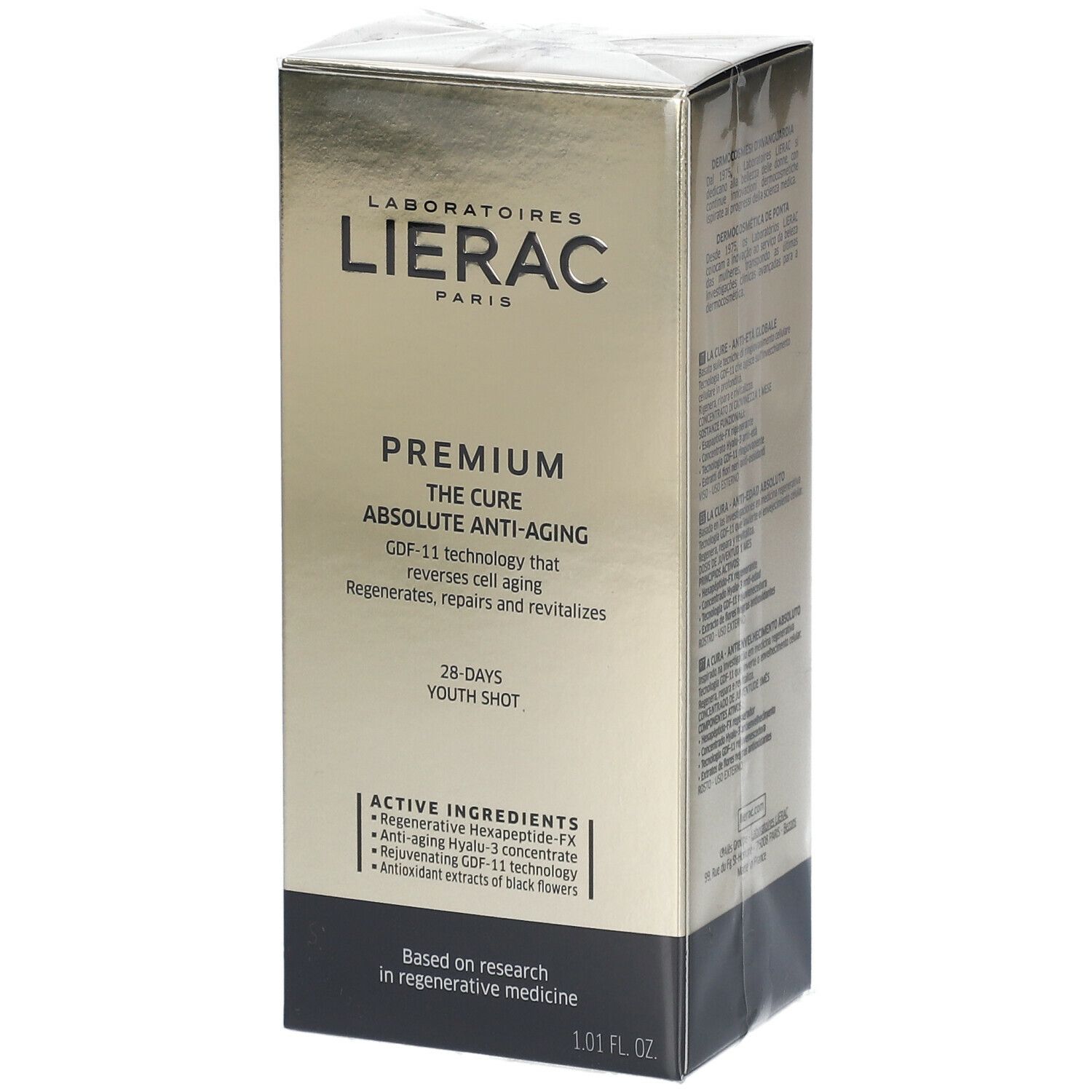 Karton mit LIERAC-Logo. Produktname: PREMIUM THE CURE ABSOLUTE ANTI-AGING. Text: 28-DAYS YOUTH SHOT.