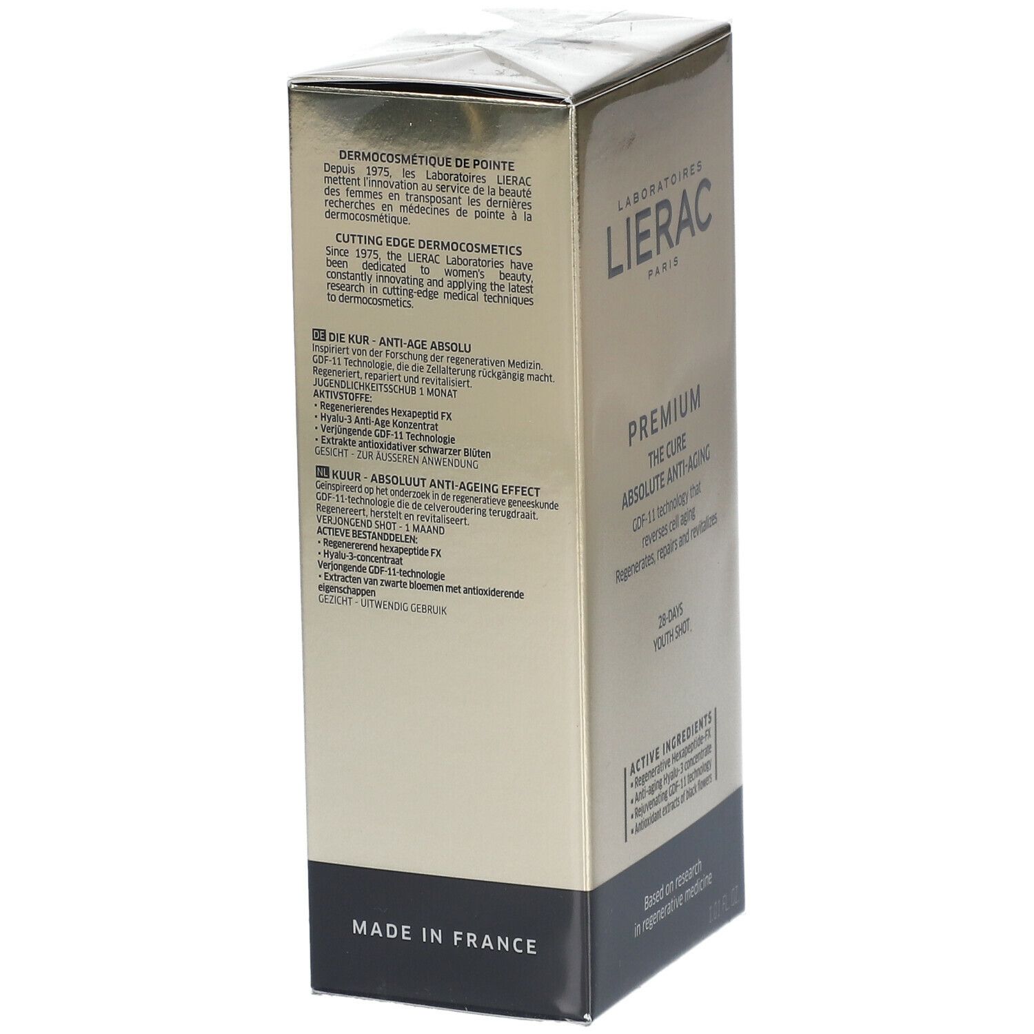 Karton mit LIERAC-Logo. Produktname: PREMIUM THE CURE ABSOLUTE ANTI-AGING. Text in mehreren Sprachen.