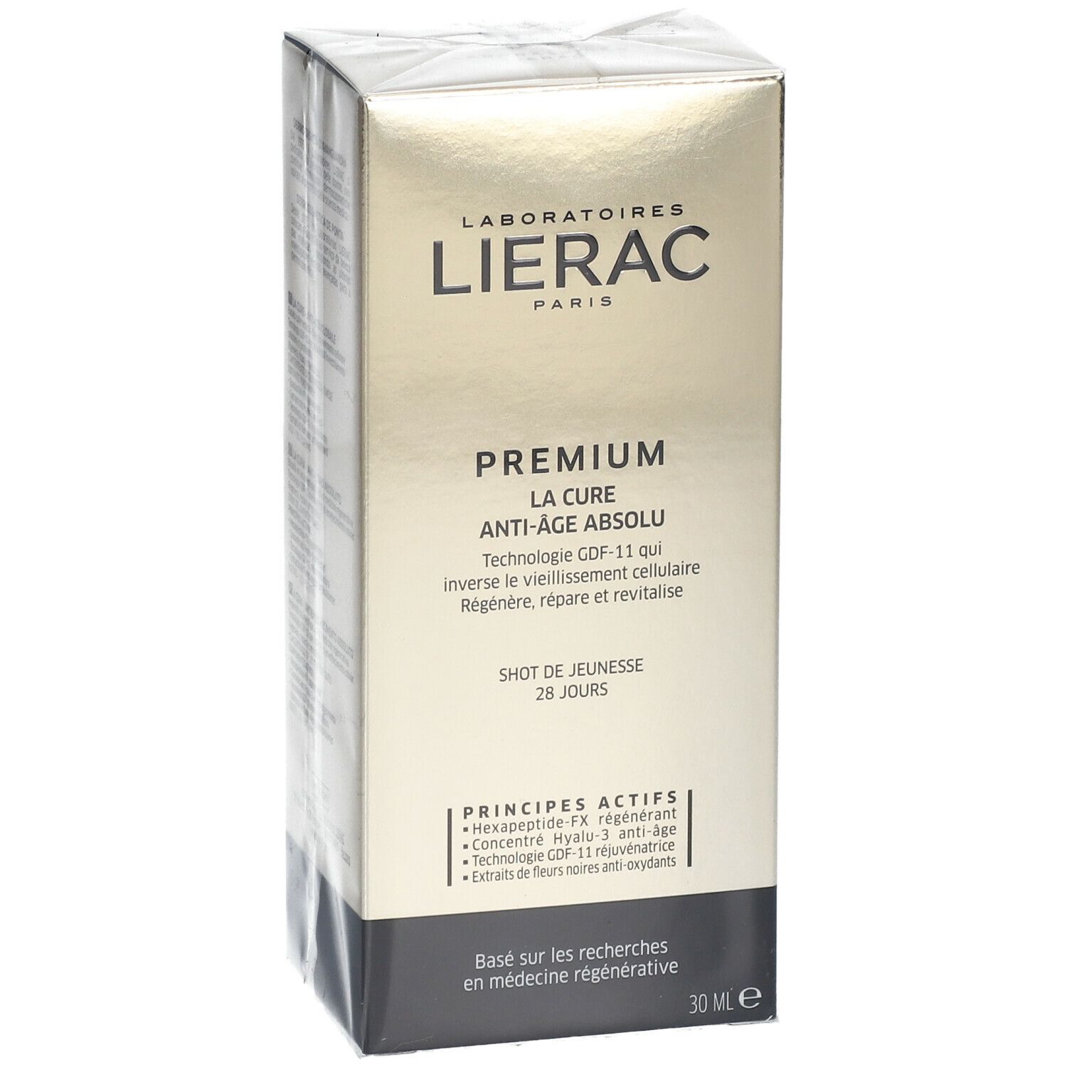 Karton mit LIERAC-Logo. Produktname: PREMIUM LA CURE ANTI-AGE ABSOLU. Text: SHOT DE JEUNESSE 28 JOURS.