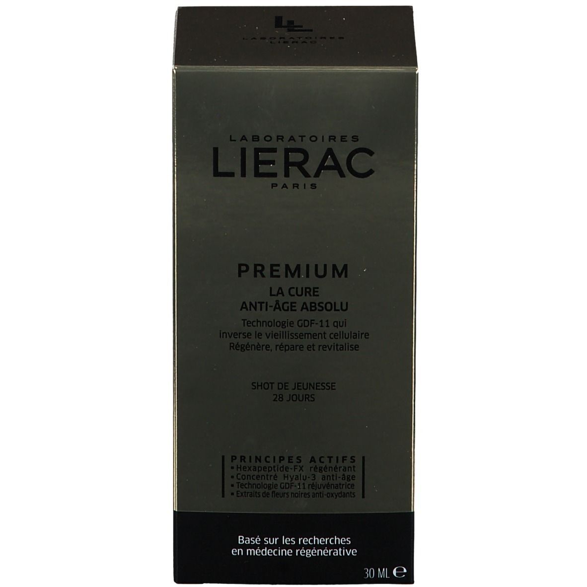 Karton mit LIERAC-Logo. Produktname: PREMIUM LA CURE ANTI-AGE ABSOLU. Text: 30 ml.