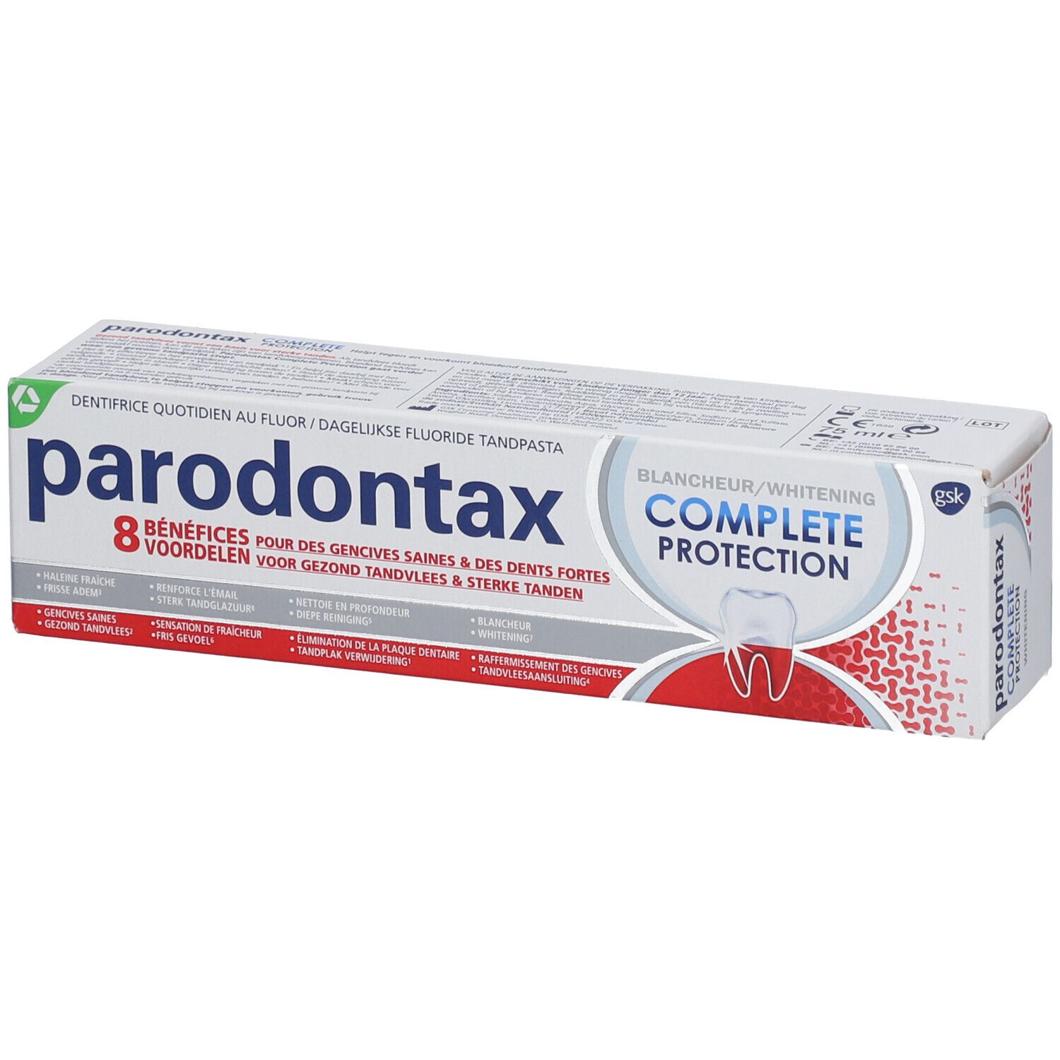 Emballage de dentifrice Parodontax Complete Protection, blanchiment. 8 bénéfices pour des gencives saines et des dents fortes.