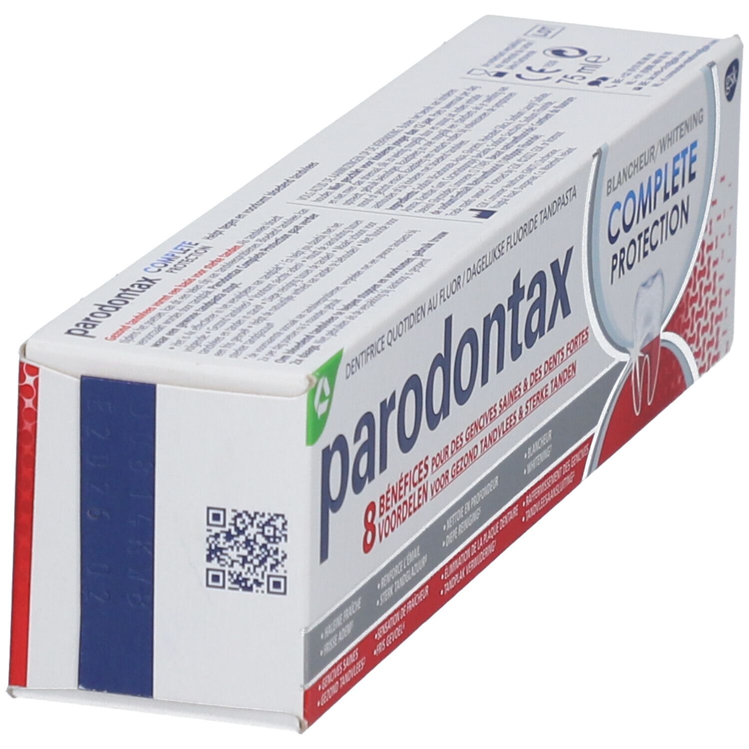 Emballage de dentifrice Parodontax Complete Protection. Arrière avec informations et code QR.