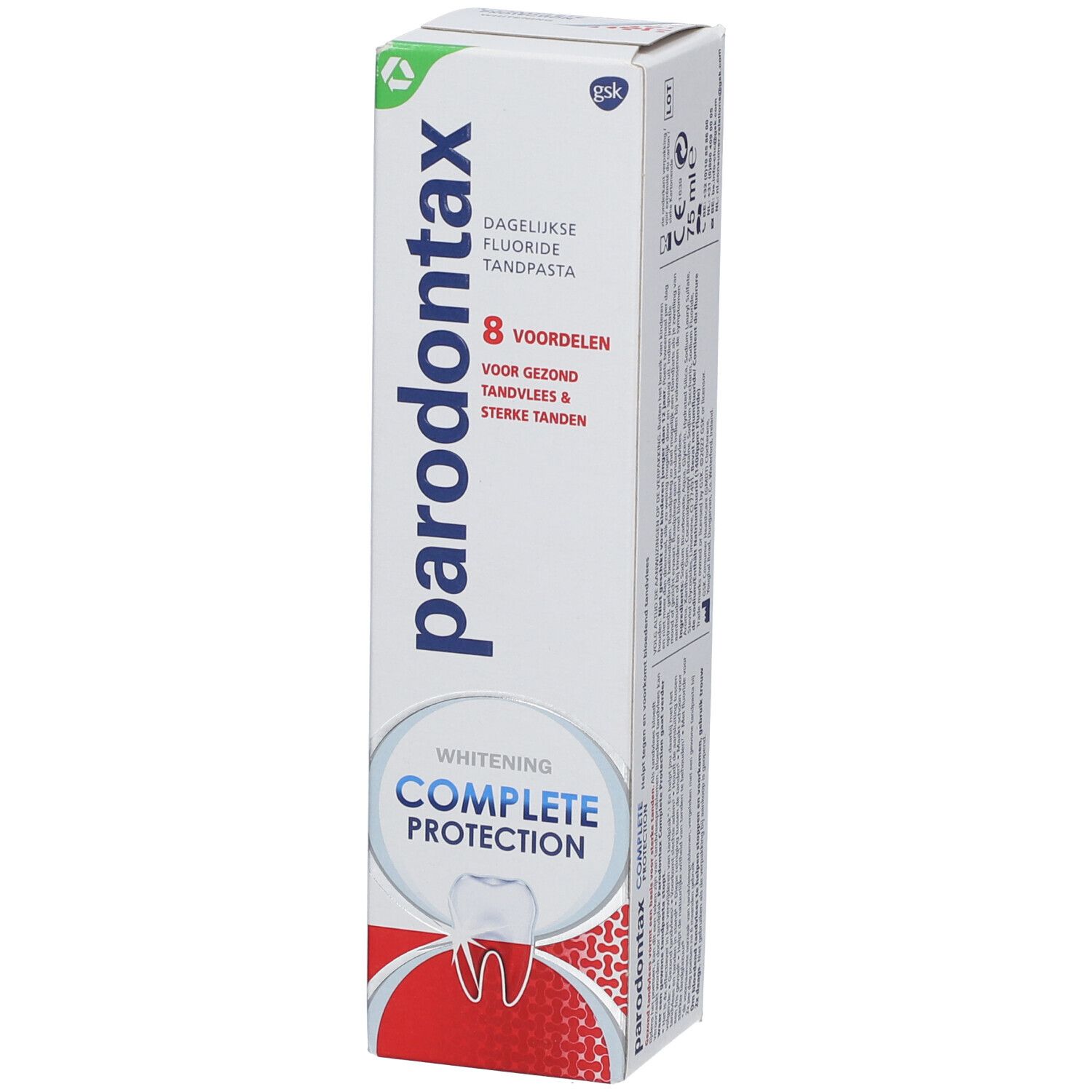 Emballage de dentifrice Parodontax Complete Protection. Avant avec nom du produit et avantages.