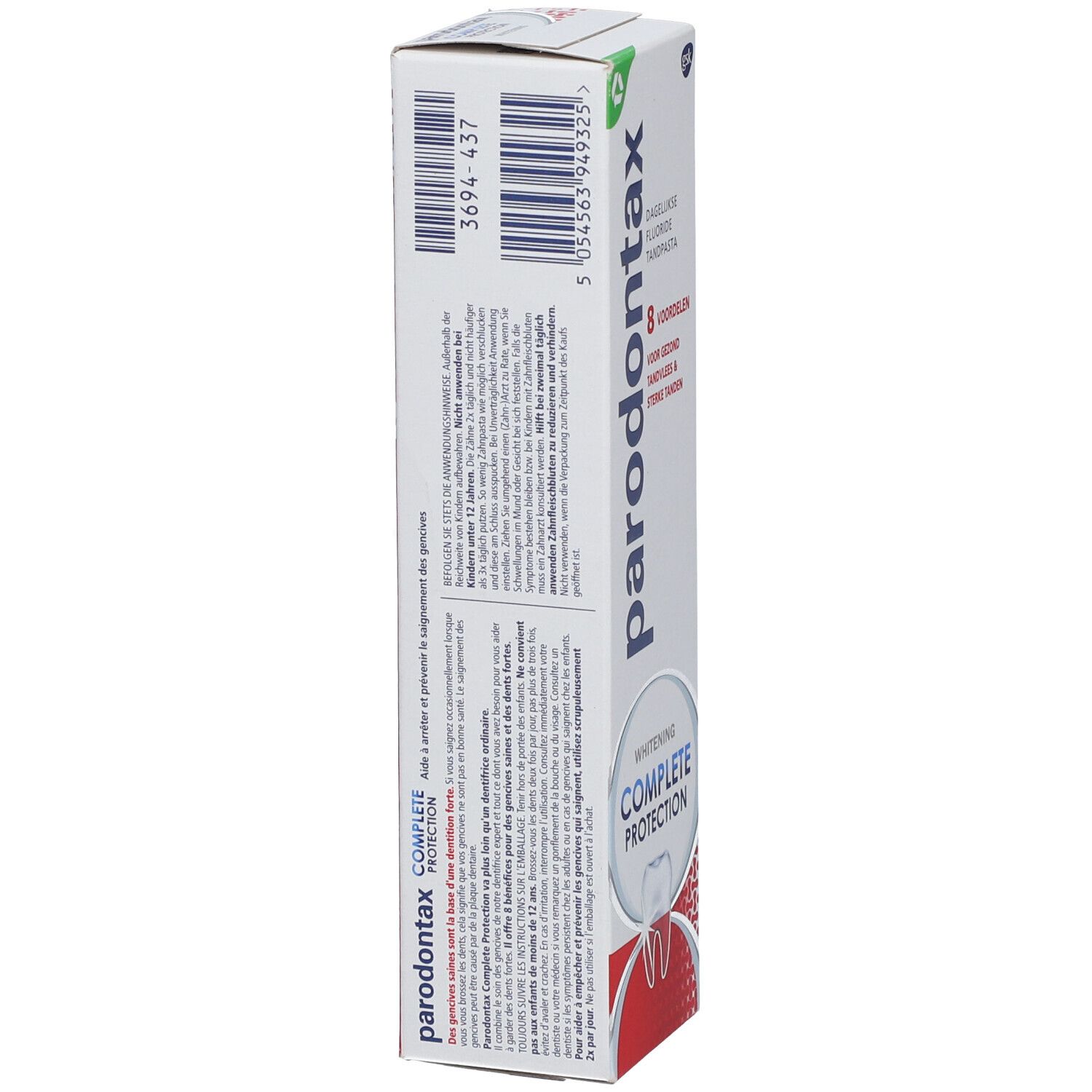 Emballage de dentifrice Parodontax Complete Protection. Arrière avec informations et code-barres.