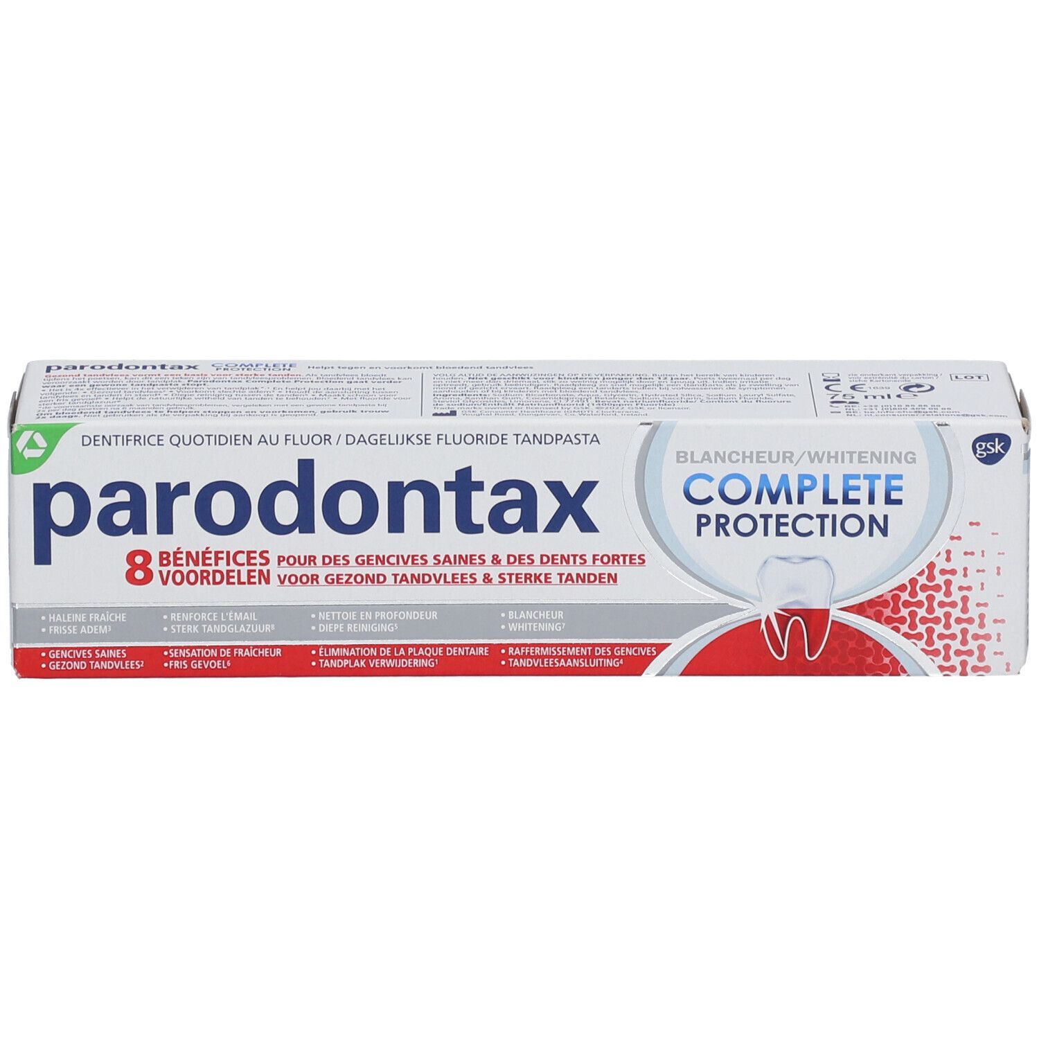 Emballage de dentifrice Parodontax Complete Protection, blanchiment. Avant avec nom et avantages.