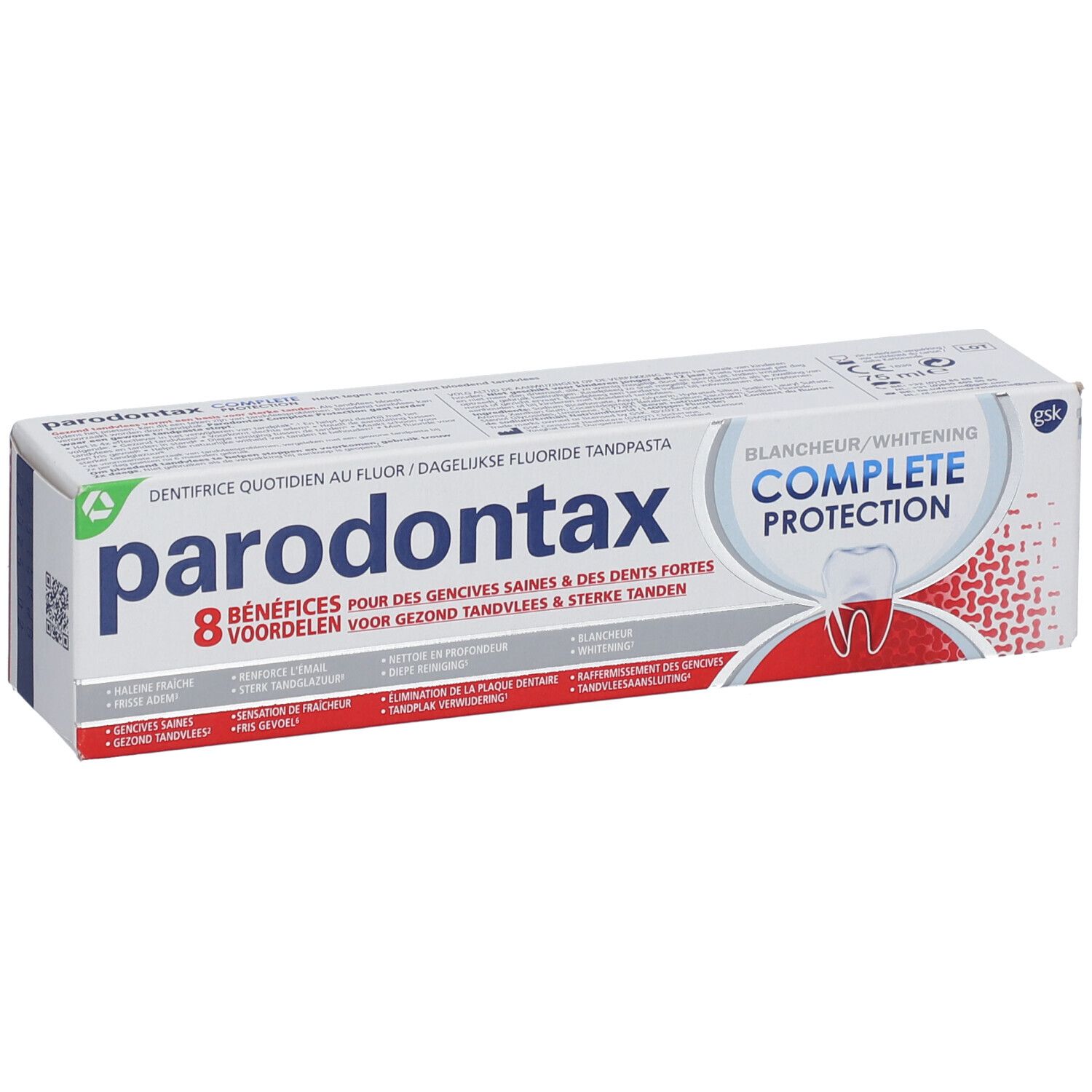 Emballage de dentifrice Parodontax Complete Protection, blanchiment. Avant avec nom et avantages.