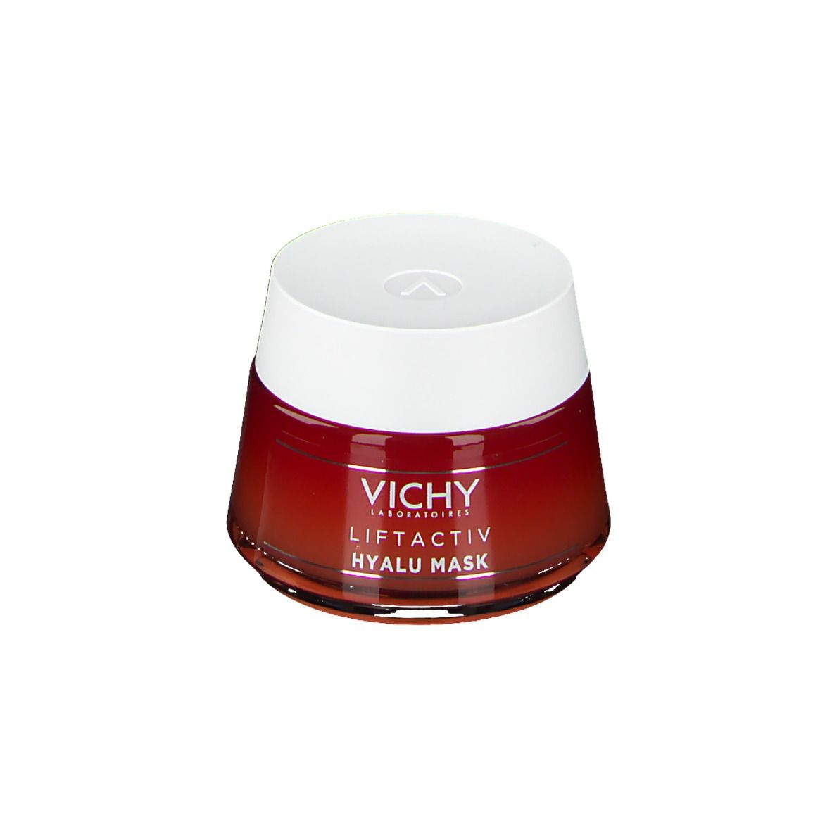 Pot rond rouge avec couvercle blanc. Inscription: VICHY, LIFTACTIV, HYALU MASK.