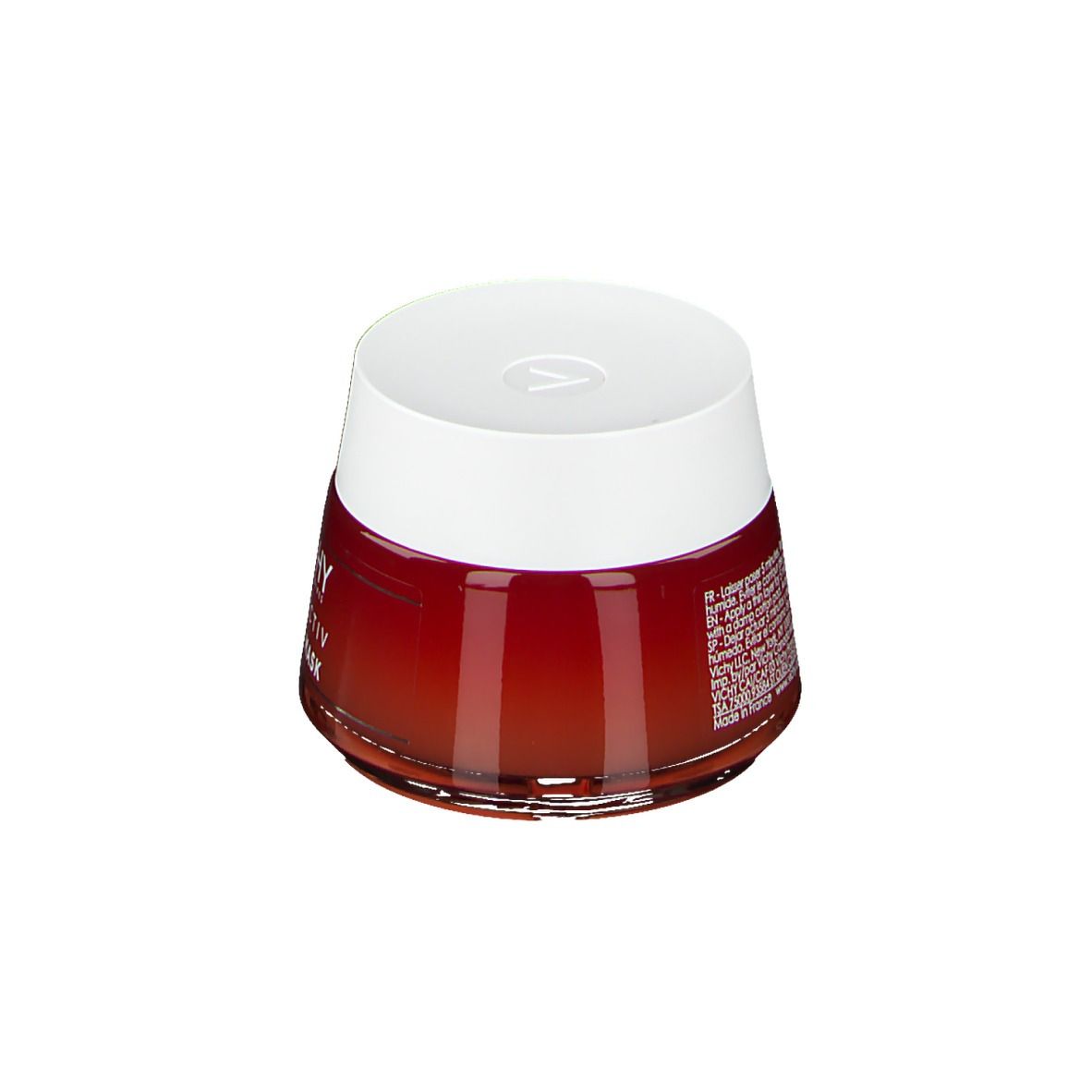 Pot rouge avec couvercle blanc. Inscription et texte sur le côté.