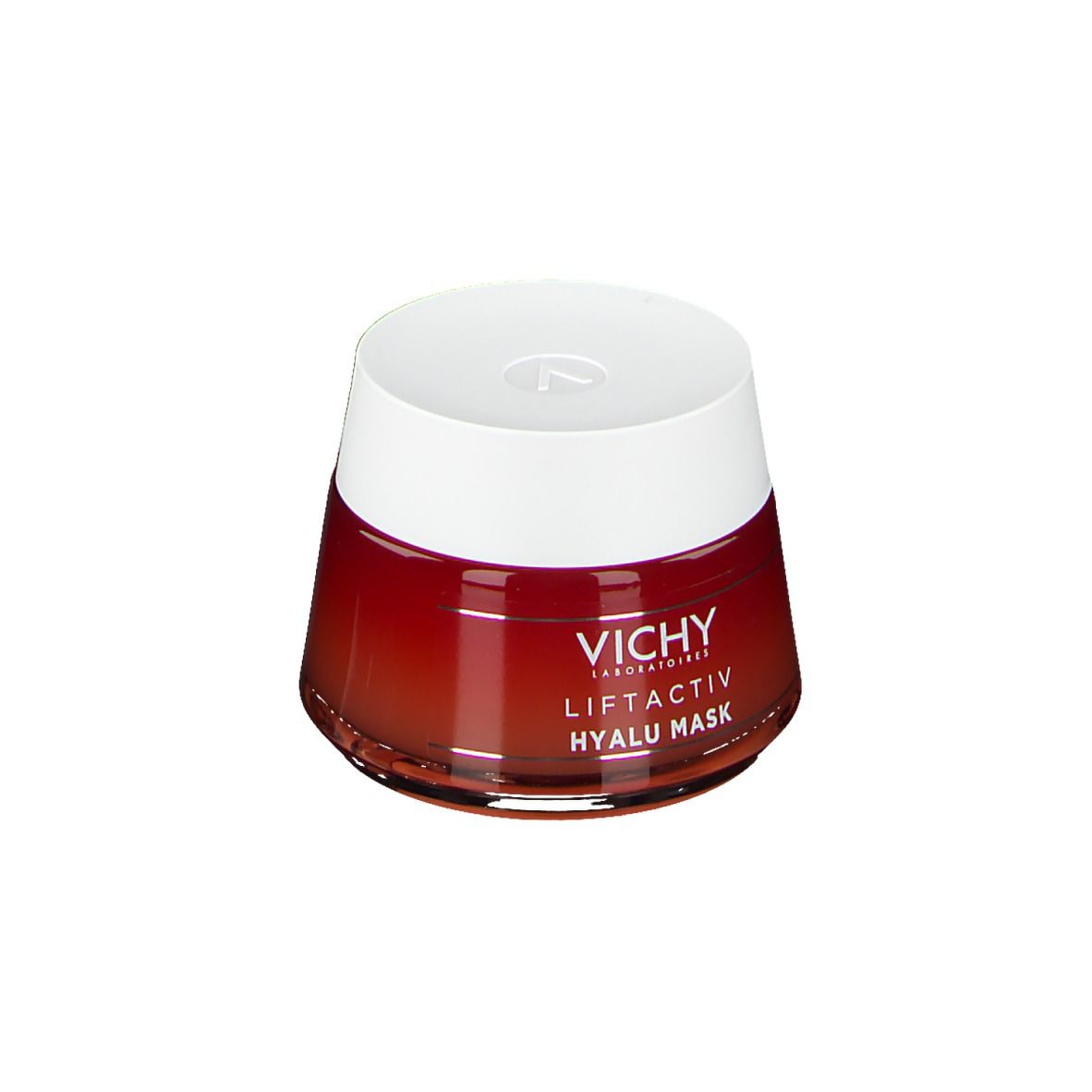 Pot rond rouge avec couvercle blanc. Inscription: VICHY, LIFTACTIV, HYALU MASK.