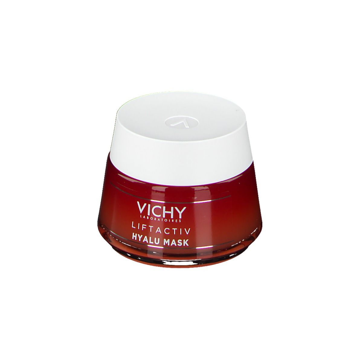Pot rond rouge avec couvercle blanc. Inscription: VICHY, LIFTACTIV, HYALU MASK.