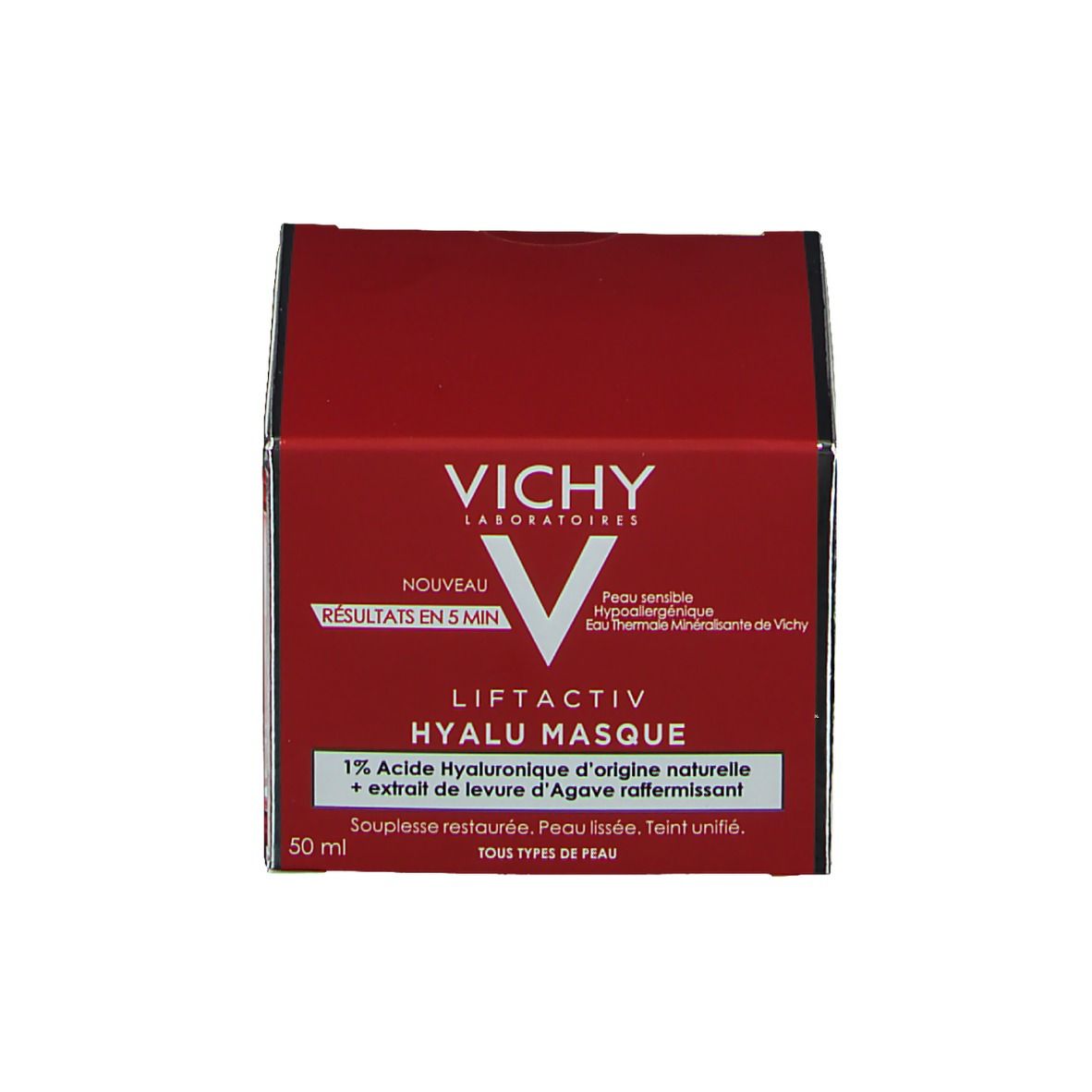 Boîte rouge avec logo blanc. Inscription: VICHY, LIFTACTIV, HYALU MASQUE, 50 ml.