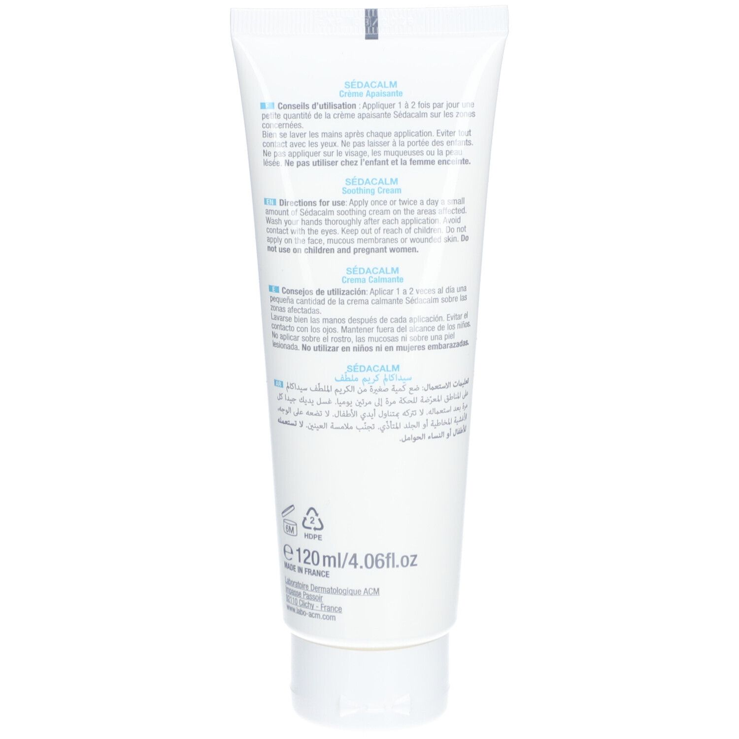 Dos du tube de crème. Texte multilingue. Ingrédients, mode d'emploi. 120ml.