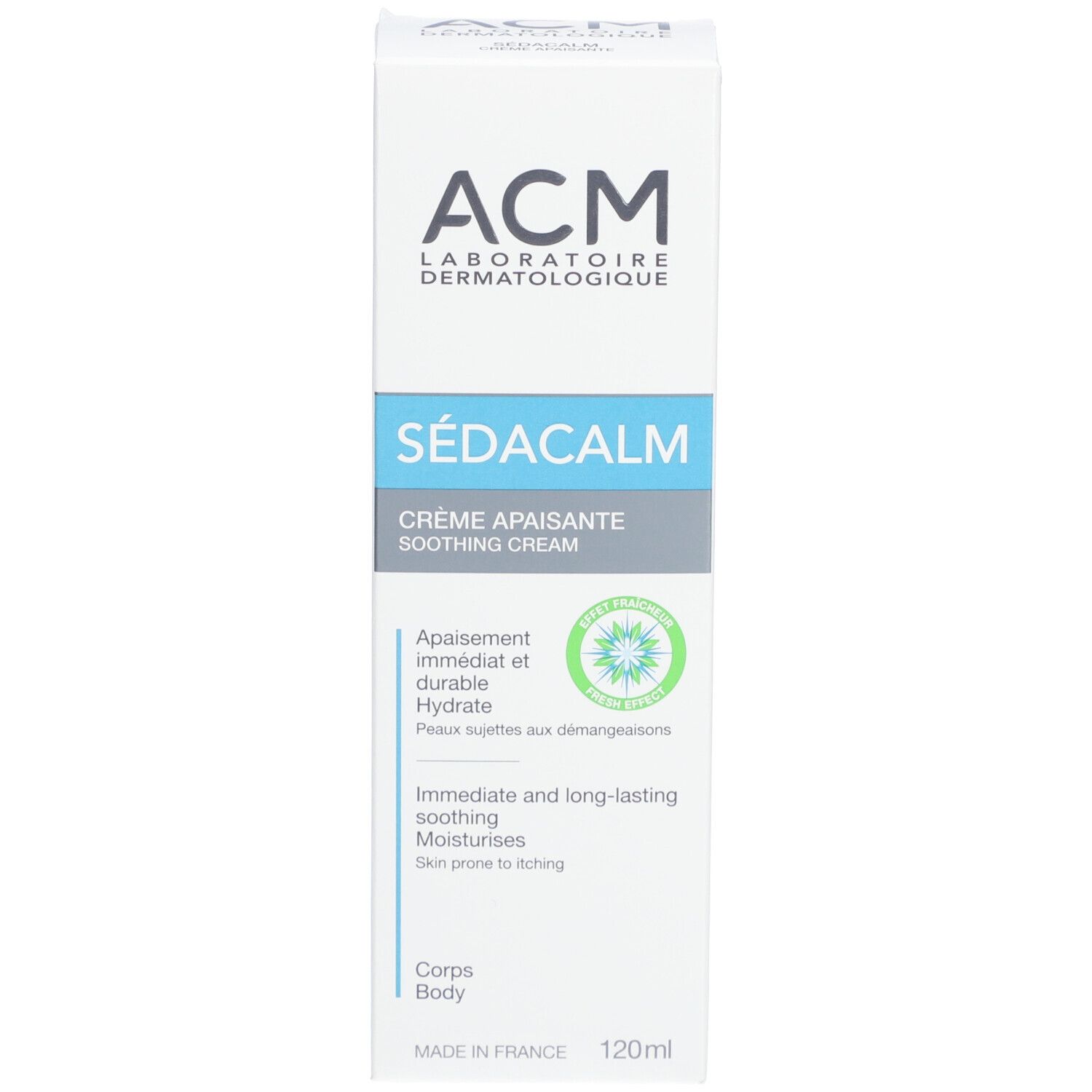 Emballage du produit, boîte. Marque ACM, nom Sédacalm. Lettrage bleu et gris. 120ml.