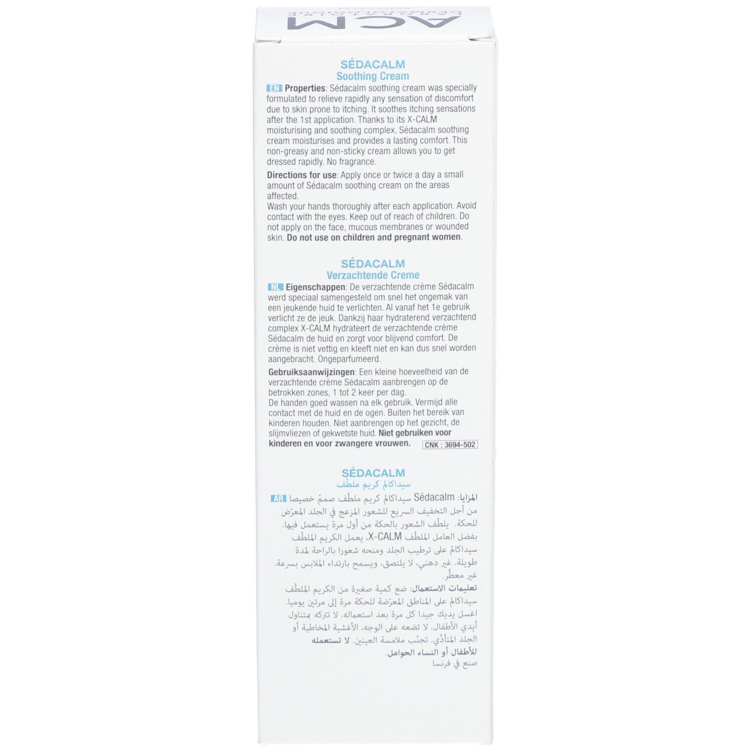 Boîte, côté. Texte multilingue. Description du produit, mode d'emploi. Sans parfum.