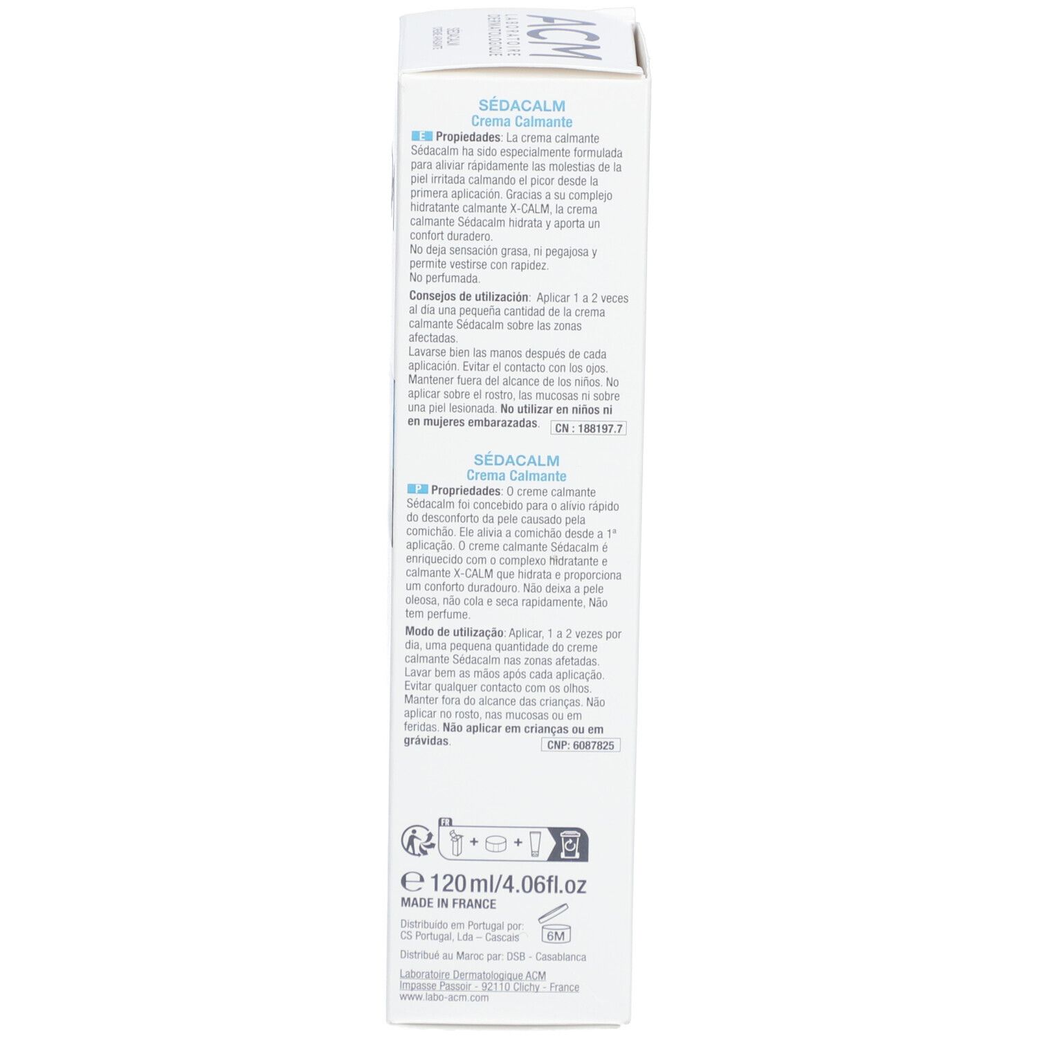 Boîte, côté. Texte multilingue. Description du produit, mode d'emploi. 120ml.
