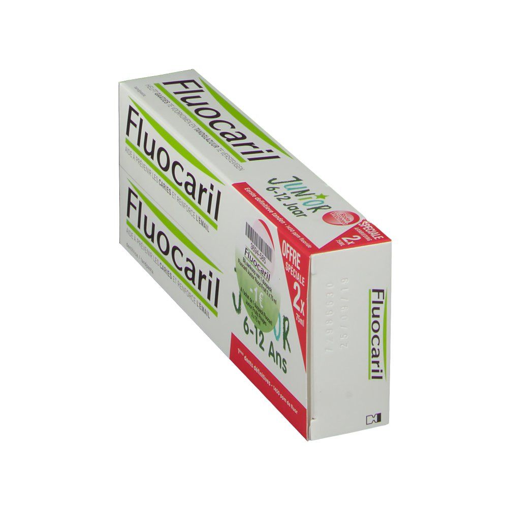 Boîte de dentifrice Fluocaril Junior 6-12 ans, fruits rouges. Emballage blanc et vert avec nom et indication d'âge.