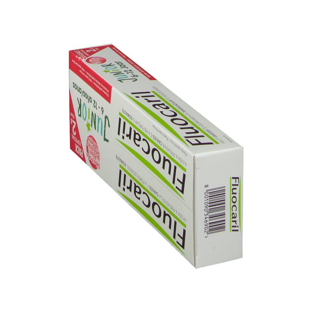 Boîte de dentifrice Fluocaril Junior 6-12 ans, fruits rouges. Emballage blanc et vert avec nom et indication d'âge.