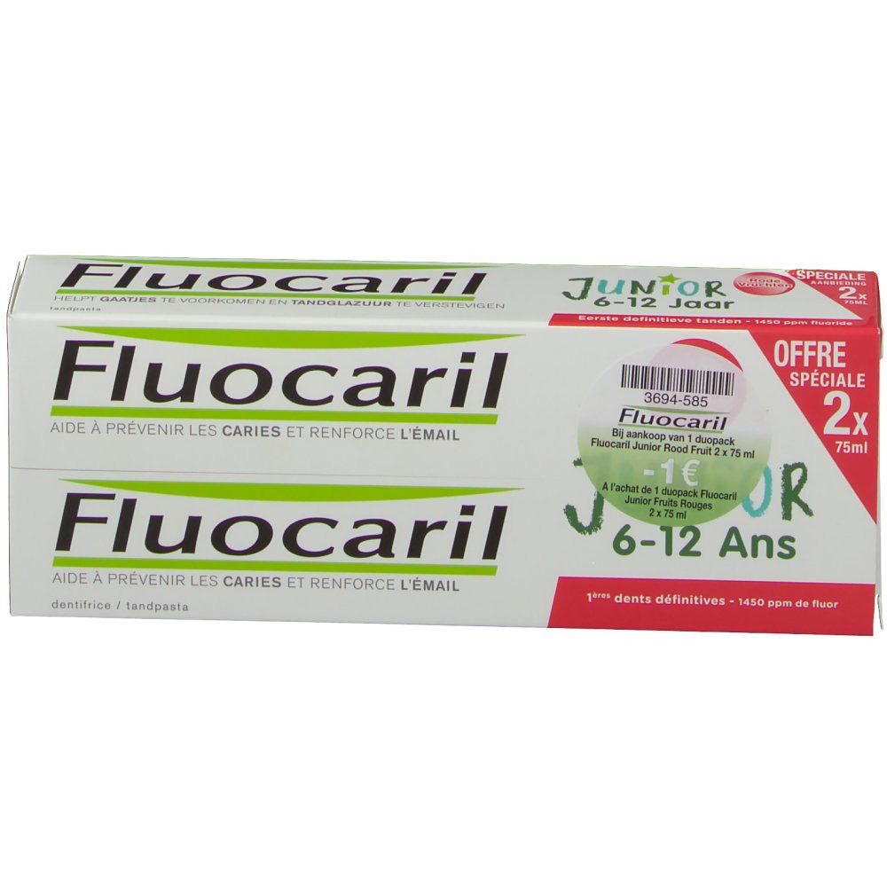 Boîte de dentifrice Fluocaril Junior 6-12 ans, fruits rouges. Emballage blanc et vert avec nom et indication d'âge.