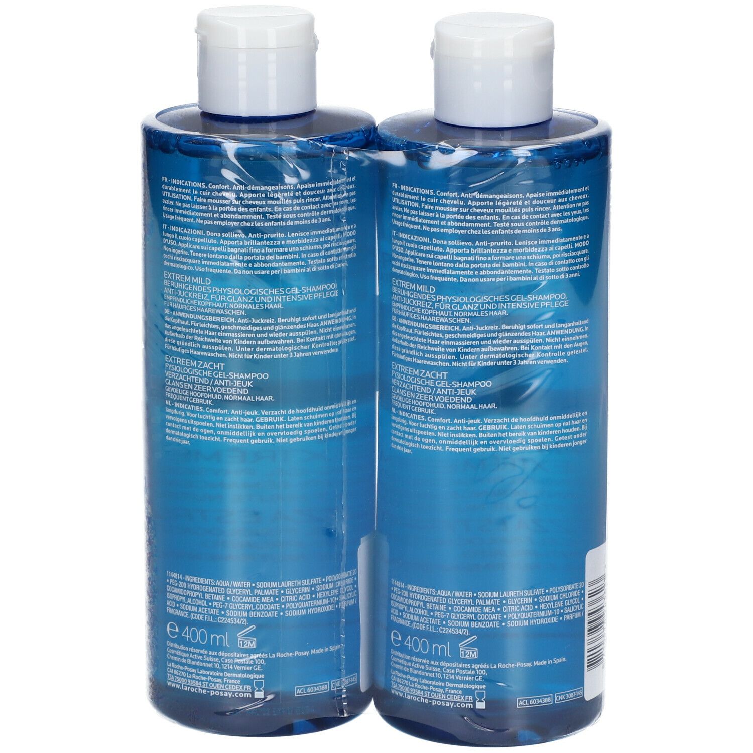 Deux flacons bleus emballés. Dos avec informations produit et ingrédients.