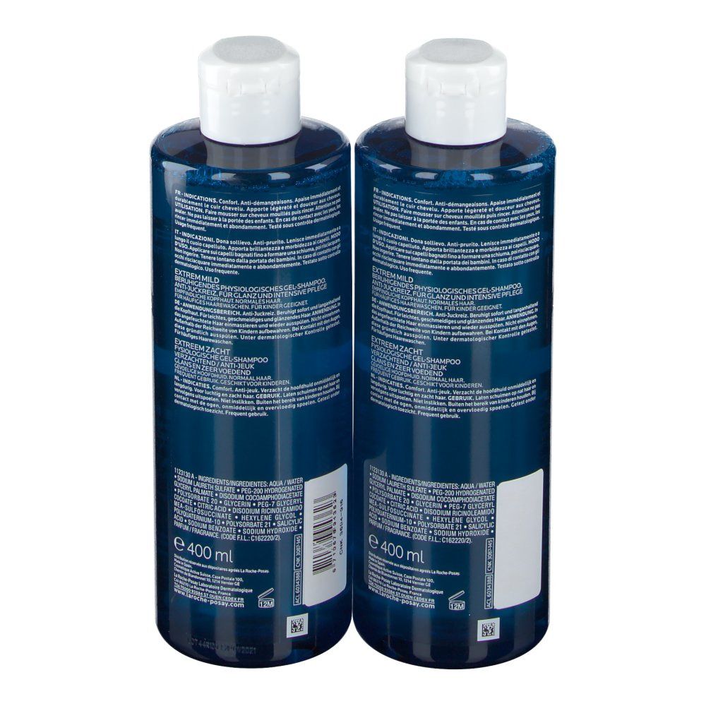 Deux flacons bleus avec bouchons blancs. Dos avec informations produit et ingrédients.