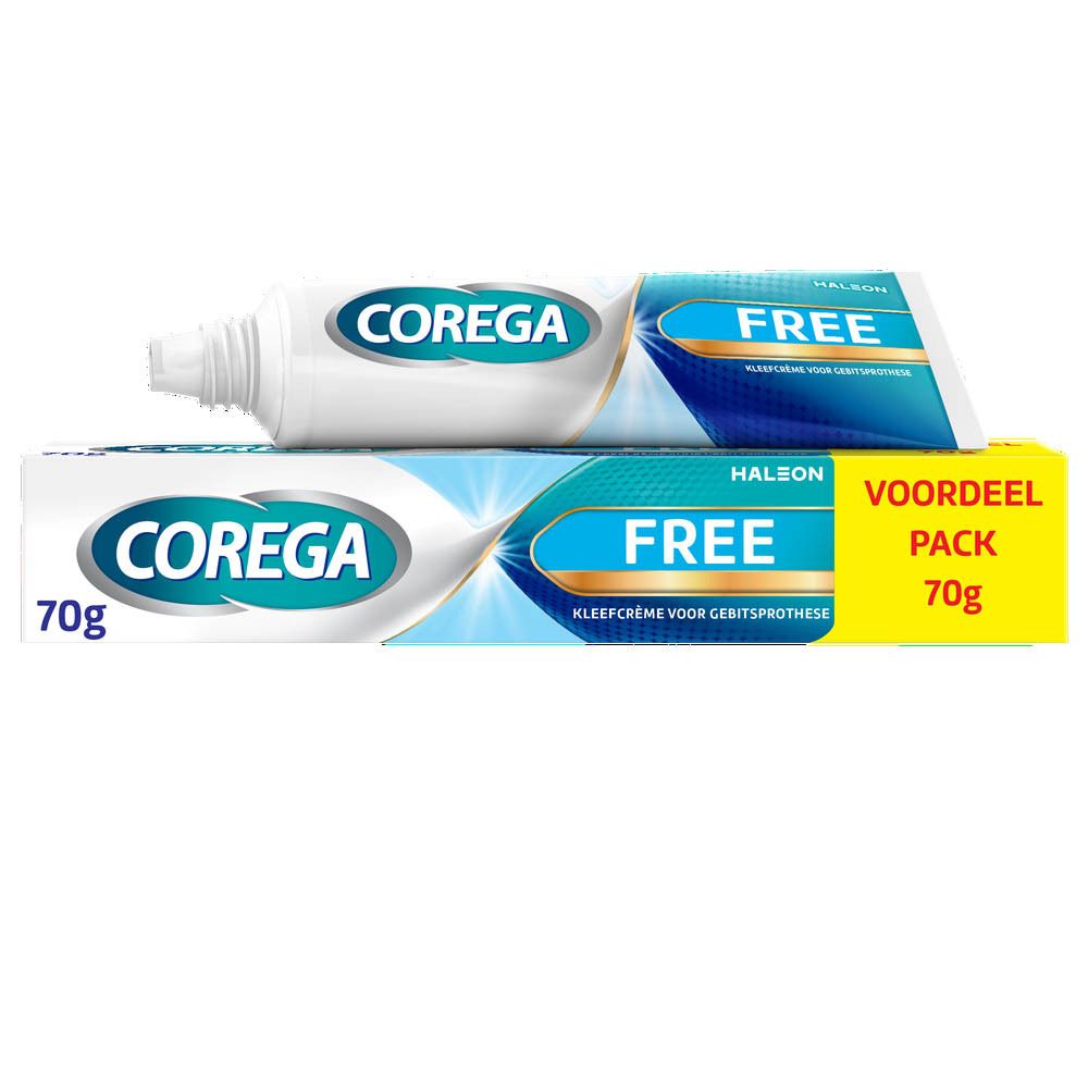 Tube en verpakking Corega Free kleefcrème. 70g. Blauw-witte verpakking met productnaam en logo.
