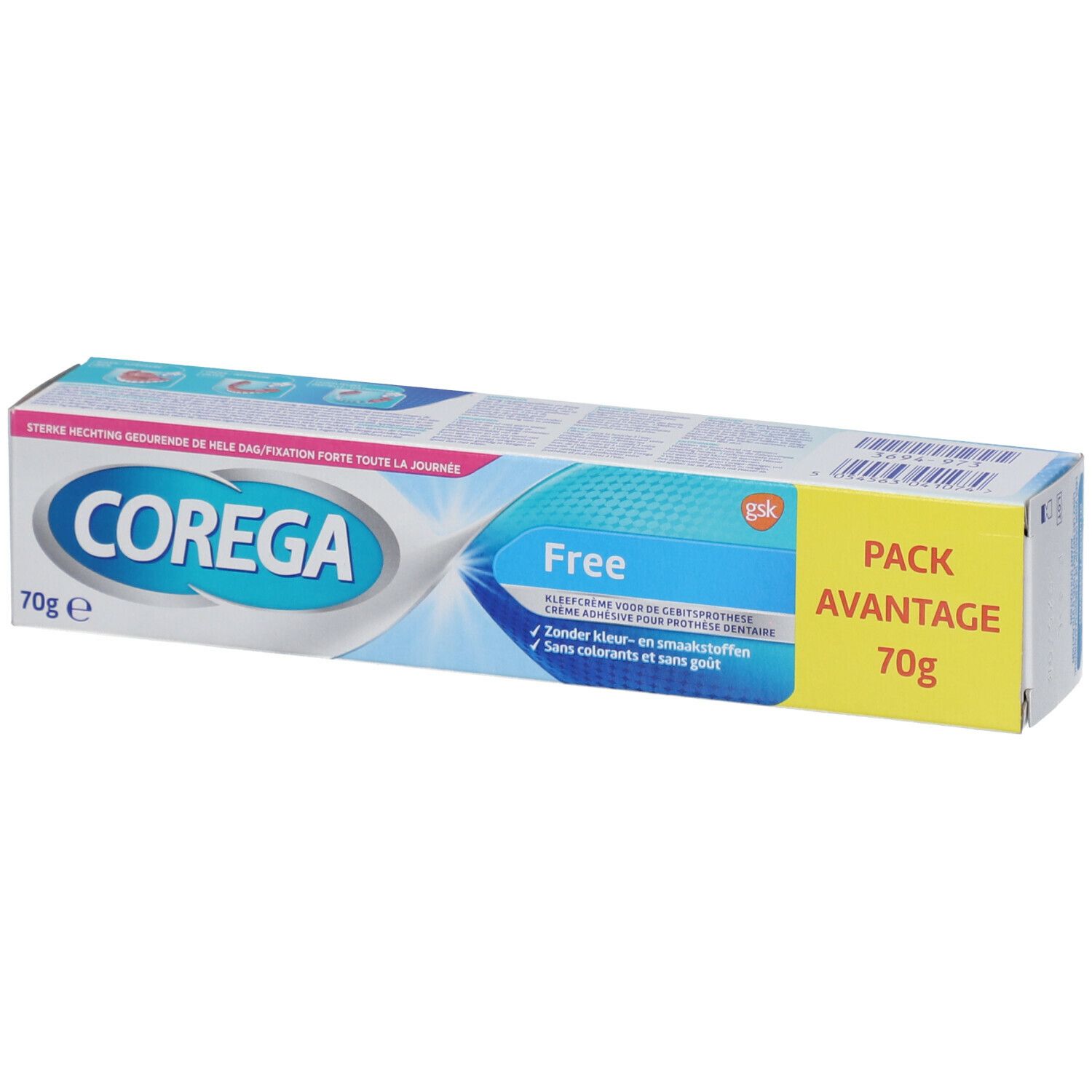 Corega Free kleefcrème verpakking. 70g. Blauw-witte verpakking met productnaam en logo.