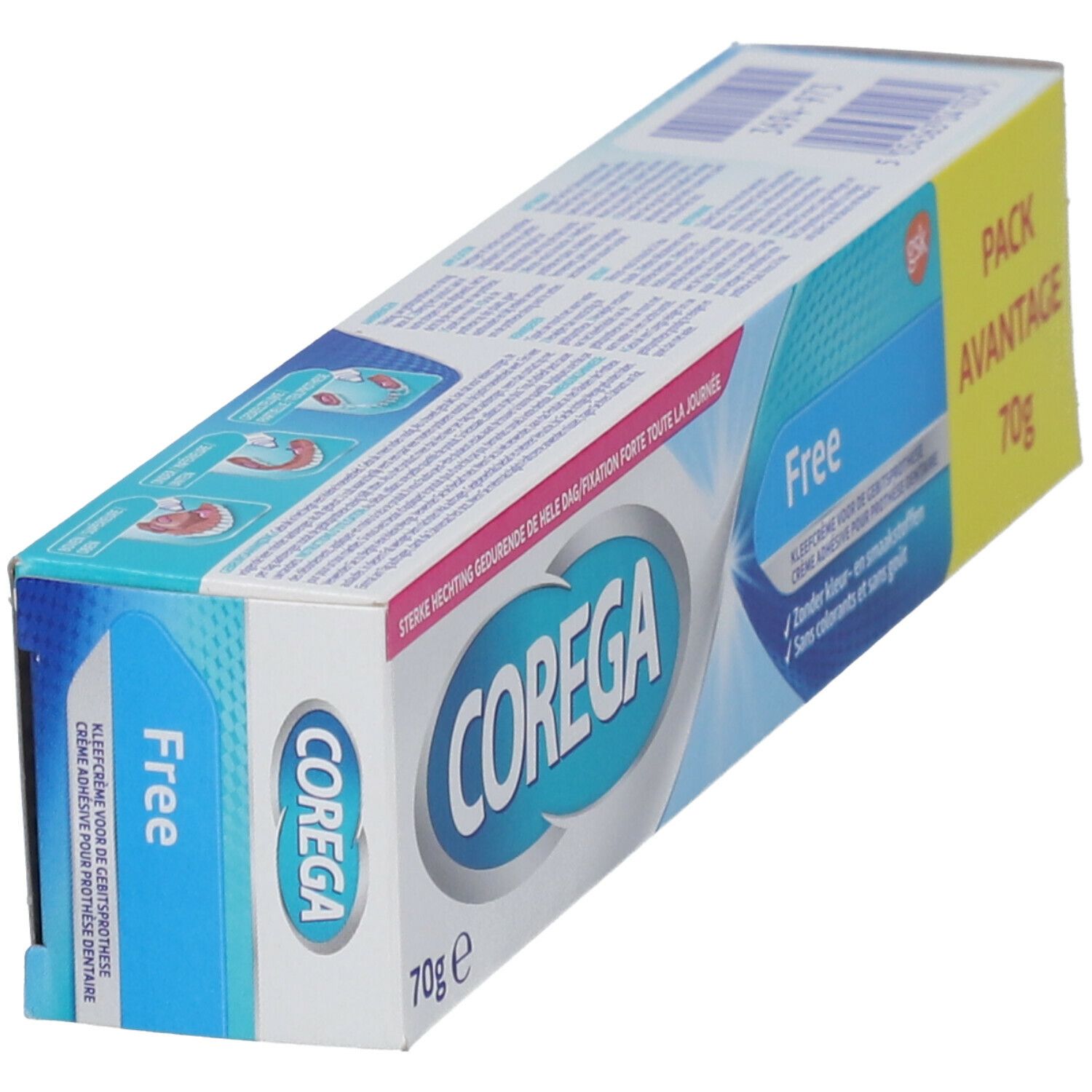 Corega Free kleefcrème verpakking. 70g. Blauw-witte verpakking met productnaam en logo.