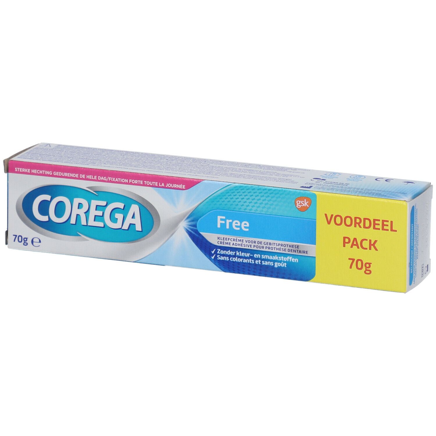 Corega Free kleefcrème verpakking. 70g. Blauw-witte verpakking met productnaam en logo.