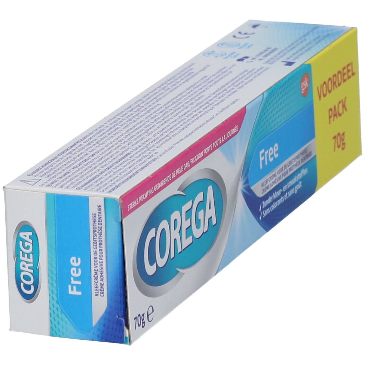Corega Free kleefcrème verpakking. 70g. Blauw-witte verpakking met productnaam en logo.