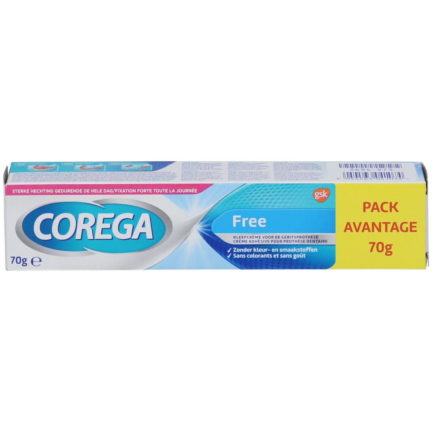 Corega Free kleefcrème verpakking. 70g. Blauw-witte verpakking met productnaam en logo.