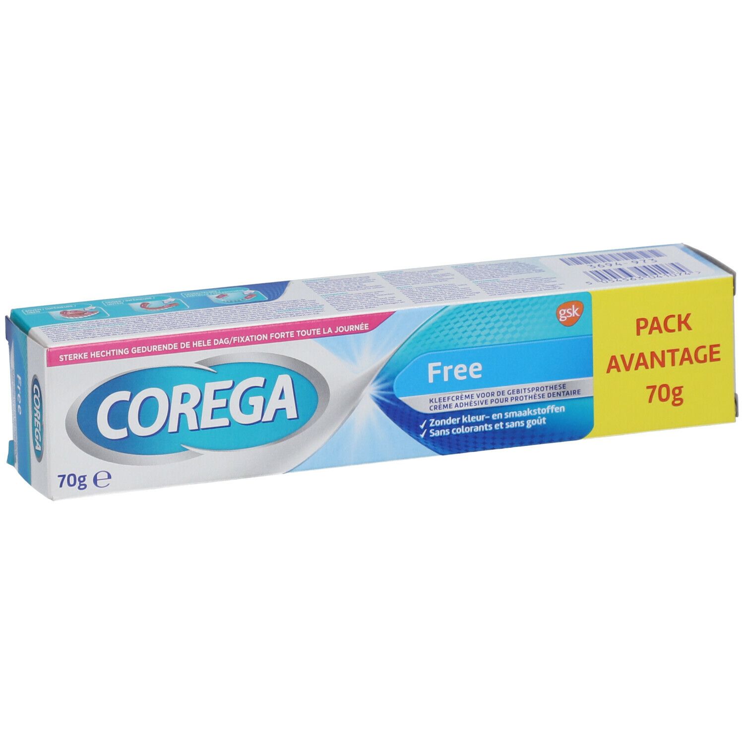 Corega Free kleefcrème verpakking. 70g. Blauw-witte verpakking met productnaam en logo.