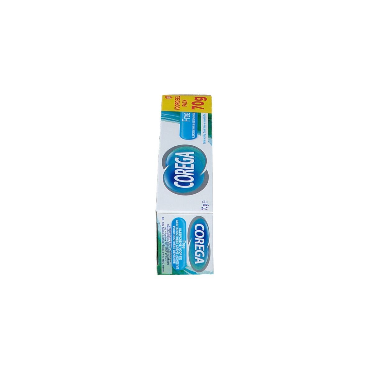 Corega Free kleefcrème verpakking. 70g. Blauw-witte verpakking met productnaam en logo.