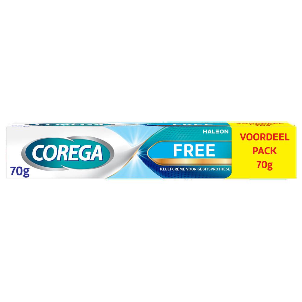 Tube en verpakking Corega Free kleefcrème. 70g. Blauw-witte verpakking met productnaam en logo.