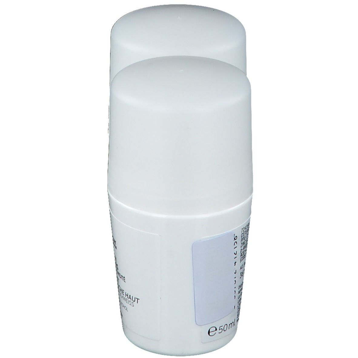 Deux déodorants roll-on blancs. Vue arrière. Texte: 50 ml. Autocollant avec informations. Bouchon blanc.
