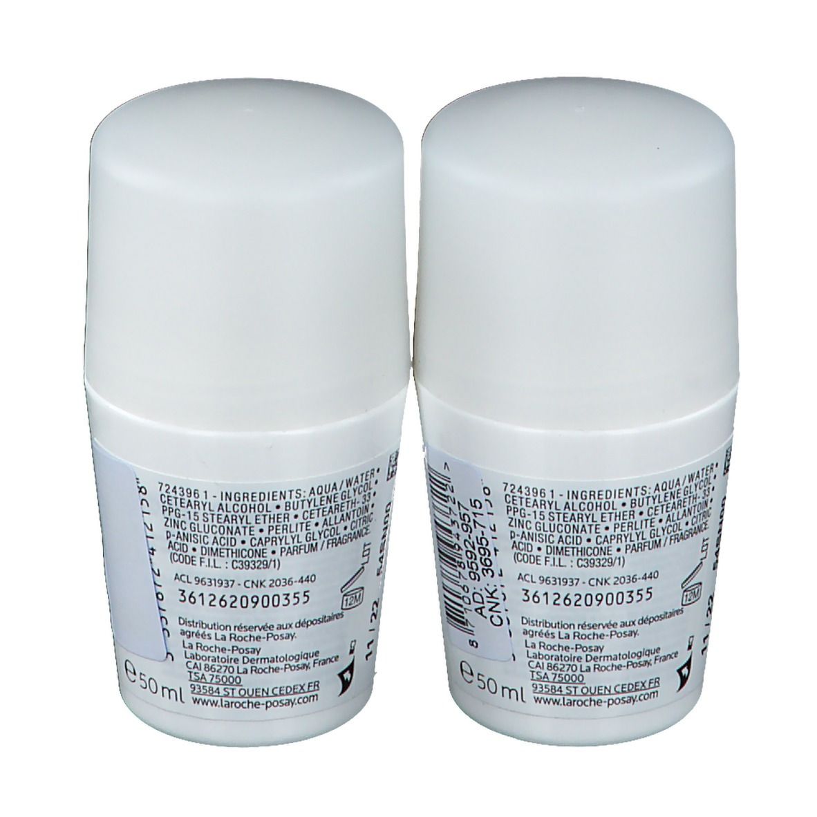 Deux déodorants roll-on blancs. Vue arrière. Texte: ingrédients, 50 ml. Autocollant avec informations.
