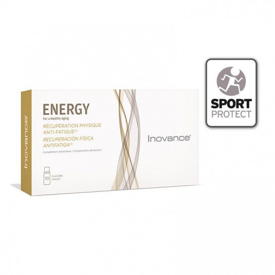 Boîte blanche avec "ENERGY" et "Inovance". Contient 10 flacons. Logo Sport Protect.