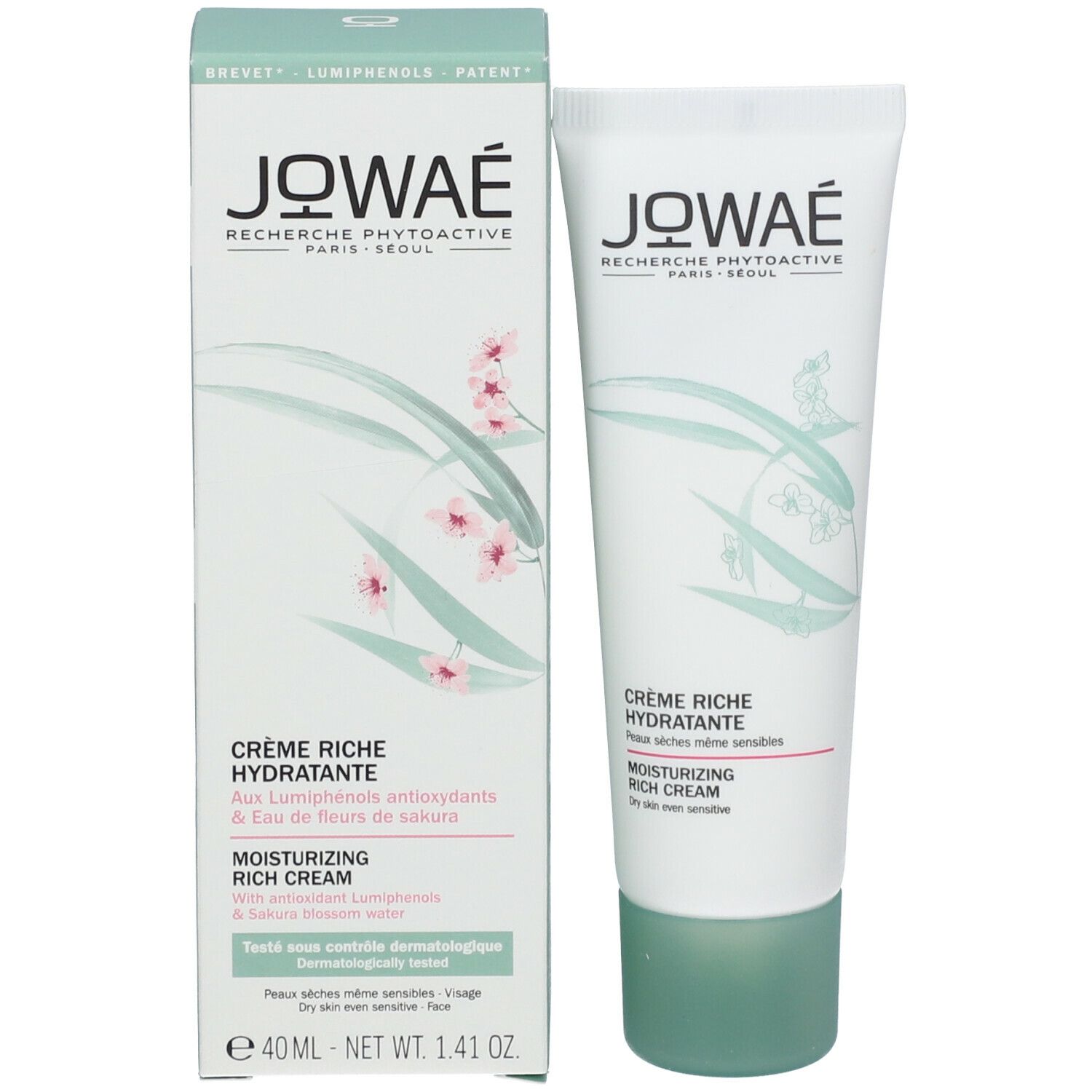 Emballage du produit avec tube et boîte. Inscription: JOWAE, Crème Riche Hydratante, Moisturizing Rich Cream.