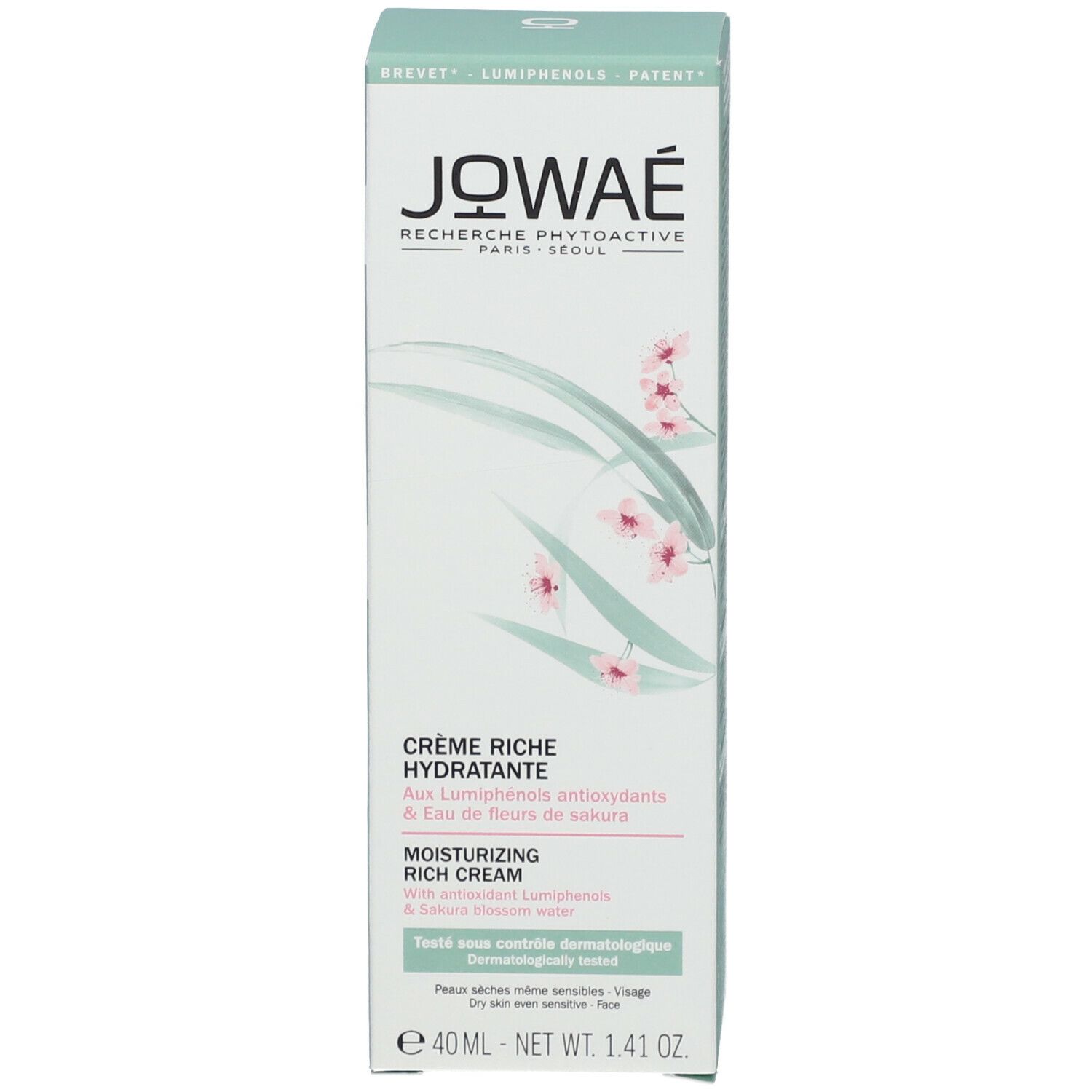 Emballage du produit, boîte. Inscription: JOWAE, Crème Riche Hydratante, Moisturizing Rich Cream. Avec ingrédients.